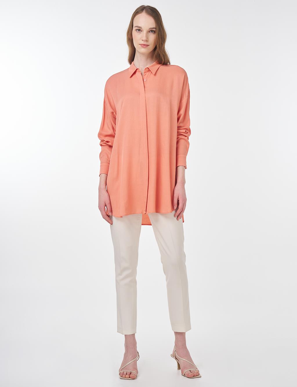 Hidden Button Shirt Collar Tunic Salmon