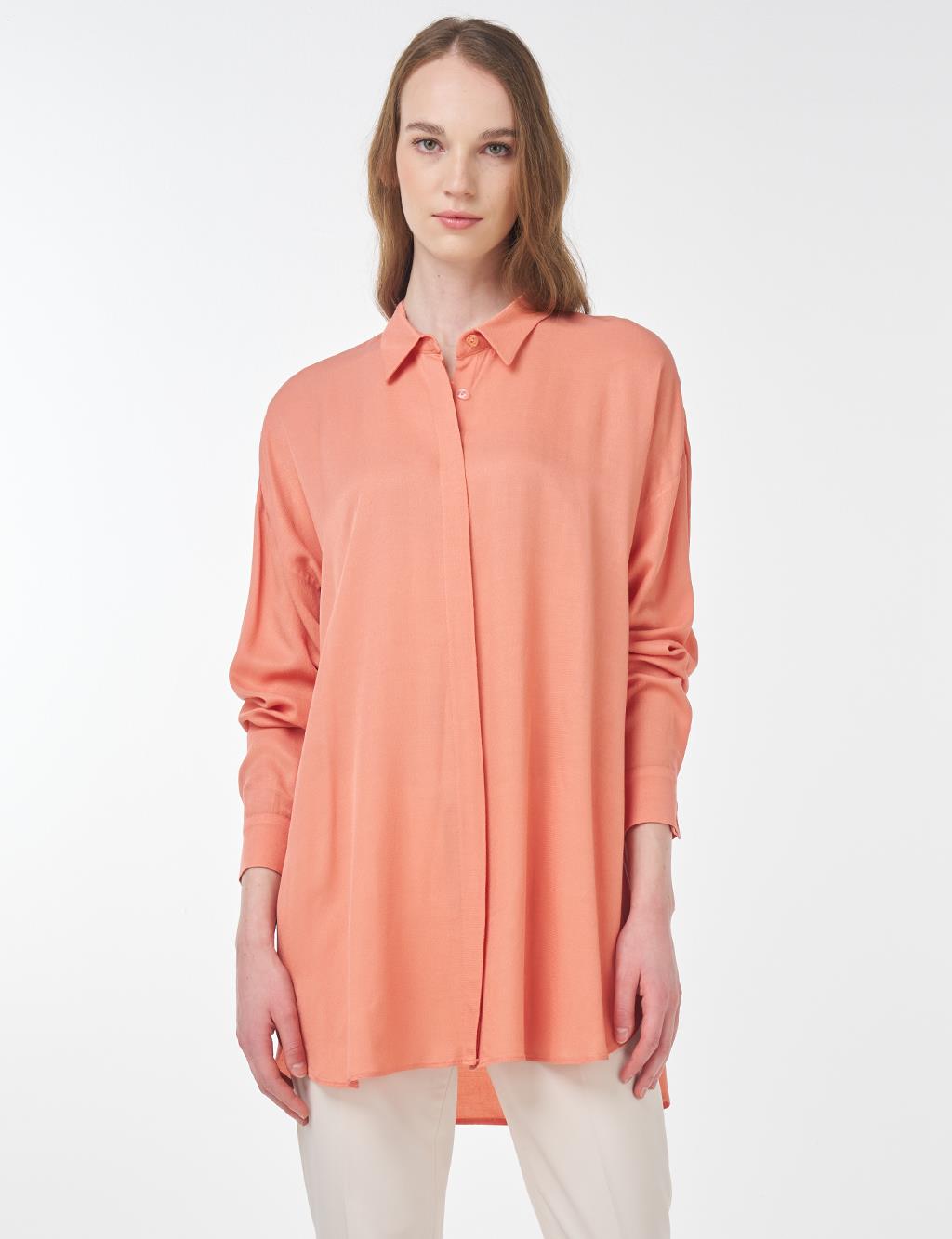 Hidden Button Shirt Collar Tunic Salmon