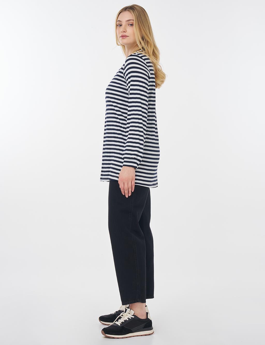 Çizgi Desen Örme Sweatshirt Lacivert 