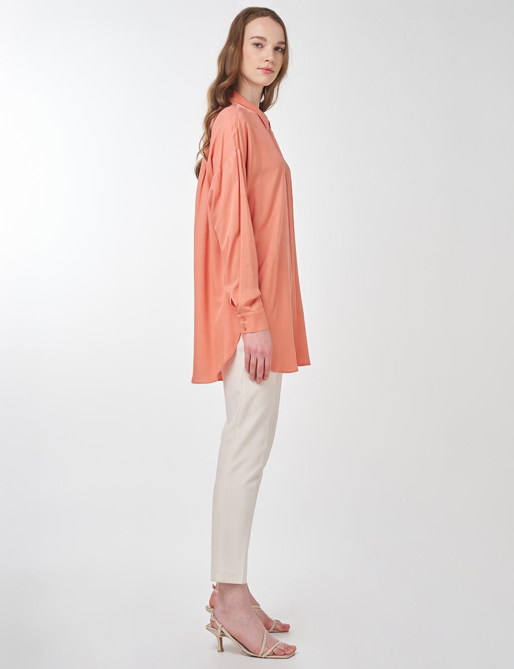 Hidden Button Shirt Collar Tunic Salmon