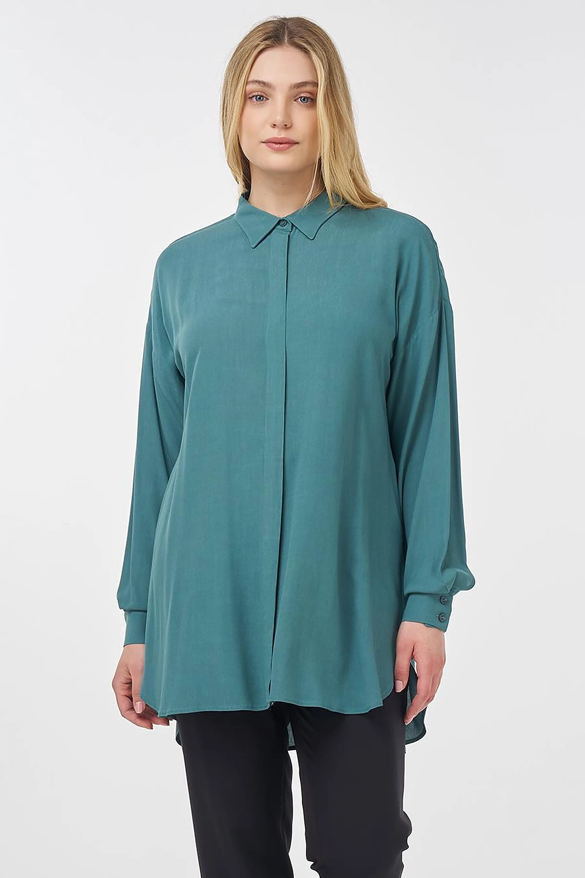 Hidden Button Shirt Collar Tunic Teal