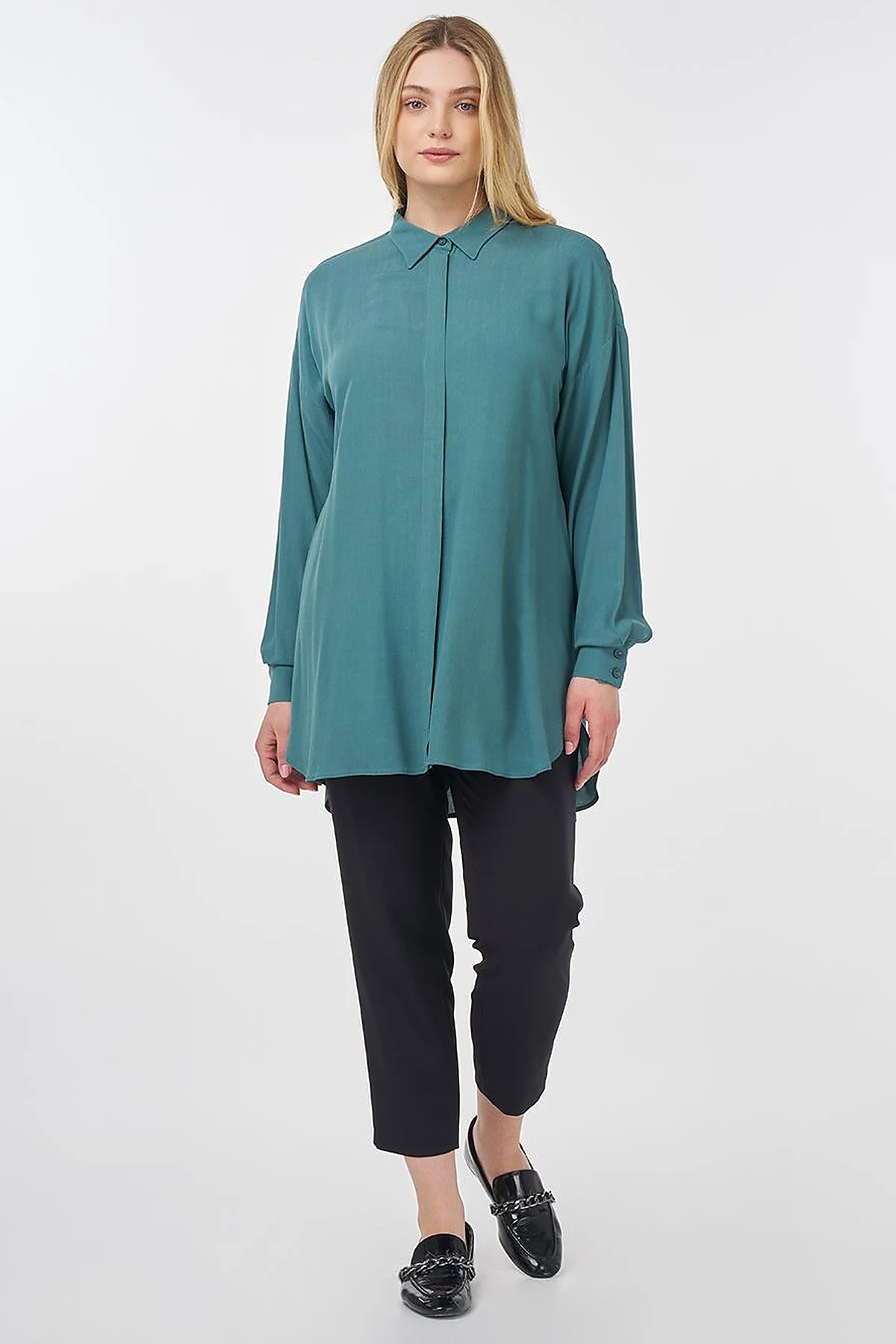 Hidden Button Shirt Collar Tunic Teal
