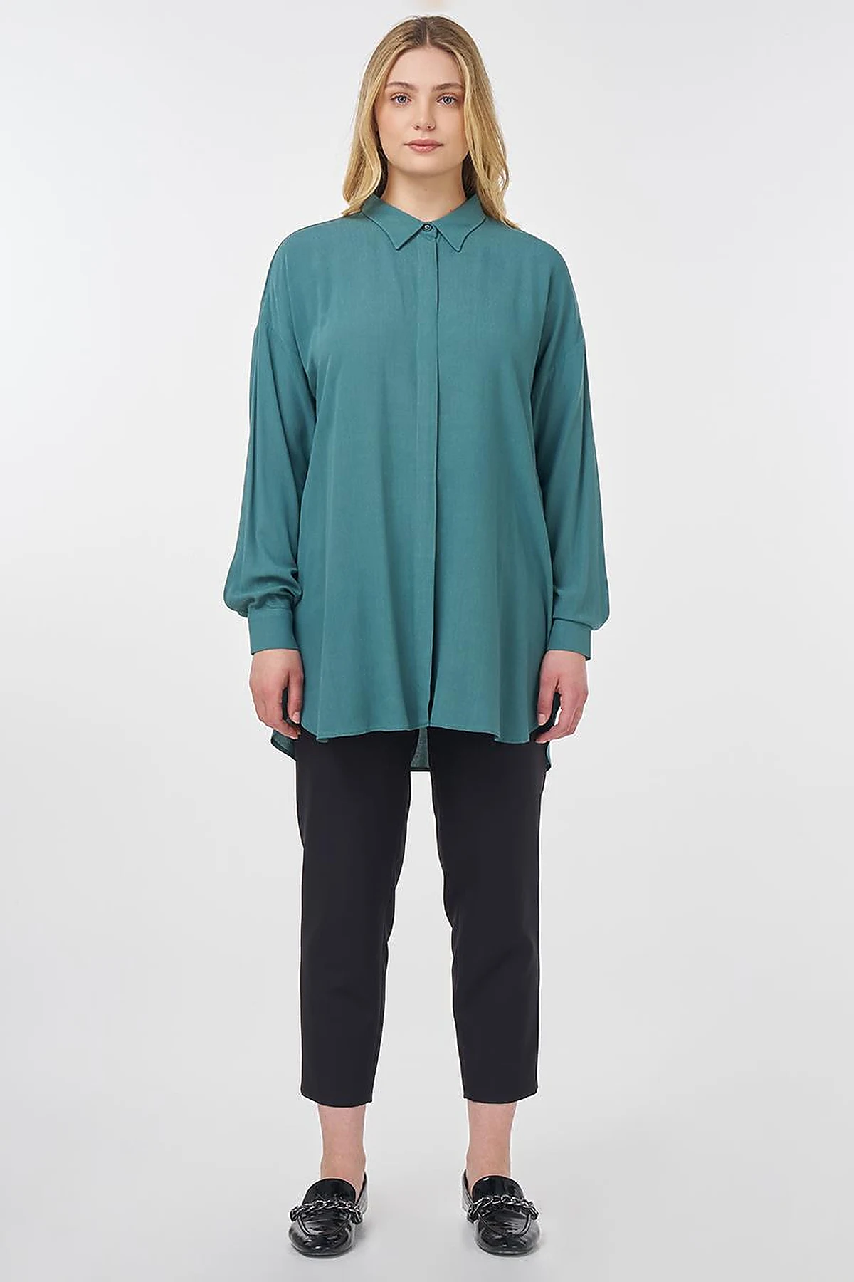 Hidden Button Shirt Collar Tunic Teal