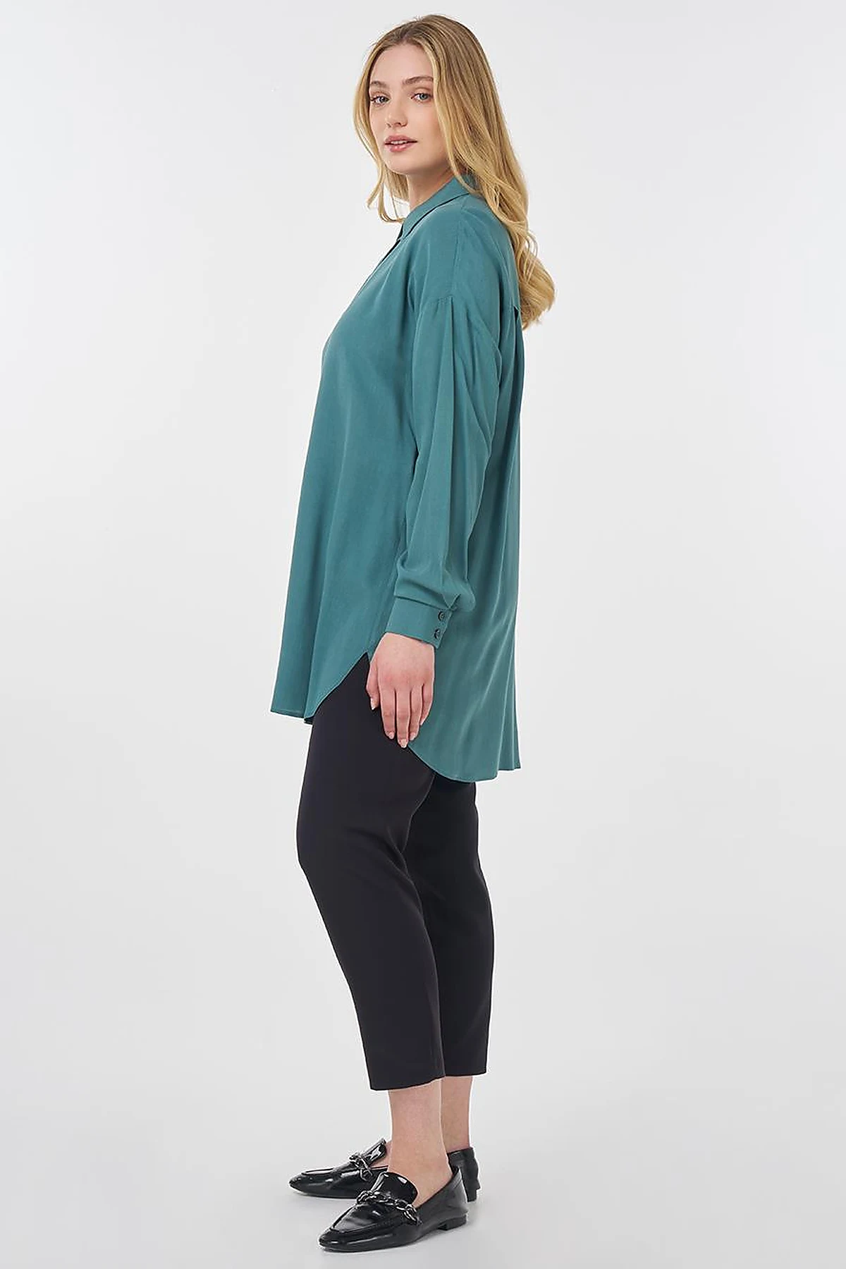 Hidden Button Shirt Collar Tunic Teal