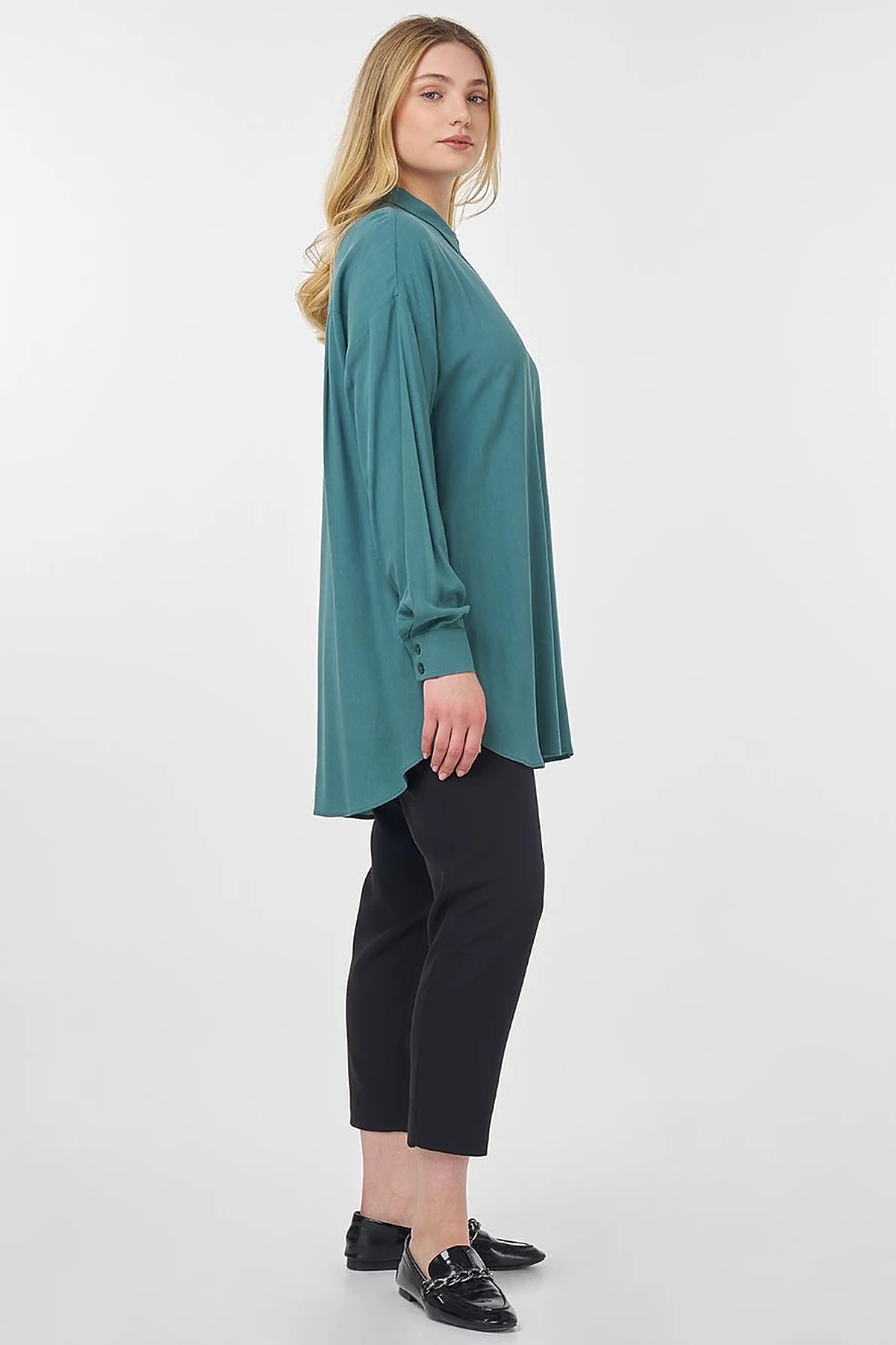Hidden Button Shirt Collar Tunic Teal