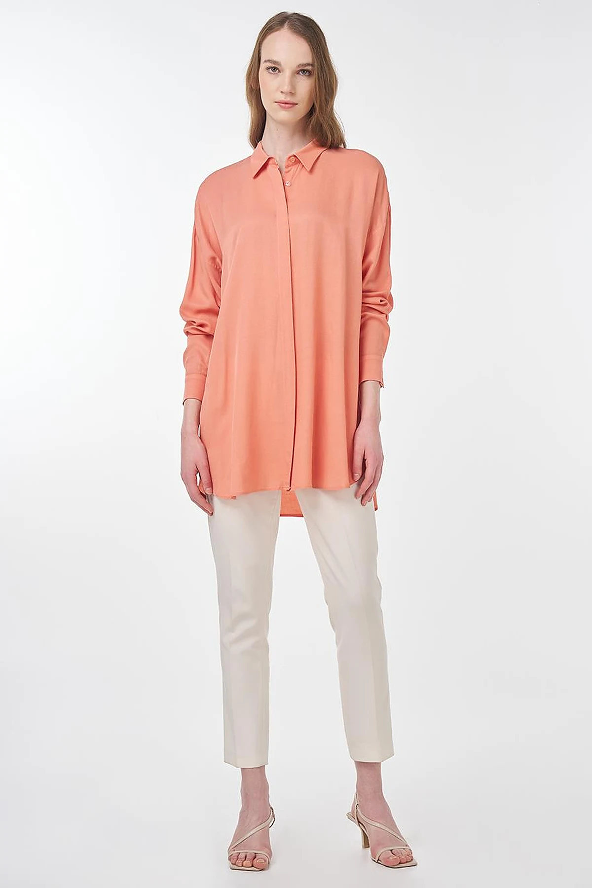 Hidden Button Shirt Collar Tunic Salmon