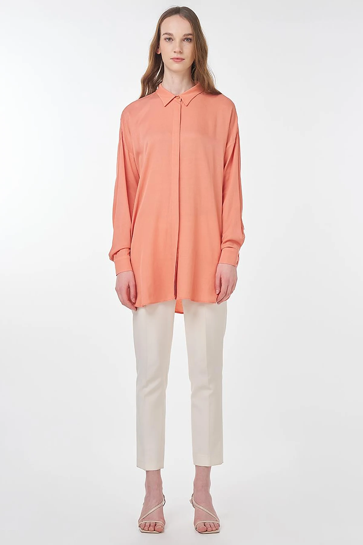 Hidden Button Shirt Collar Tunic Salmon
