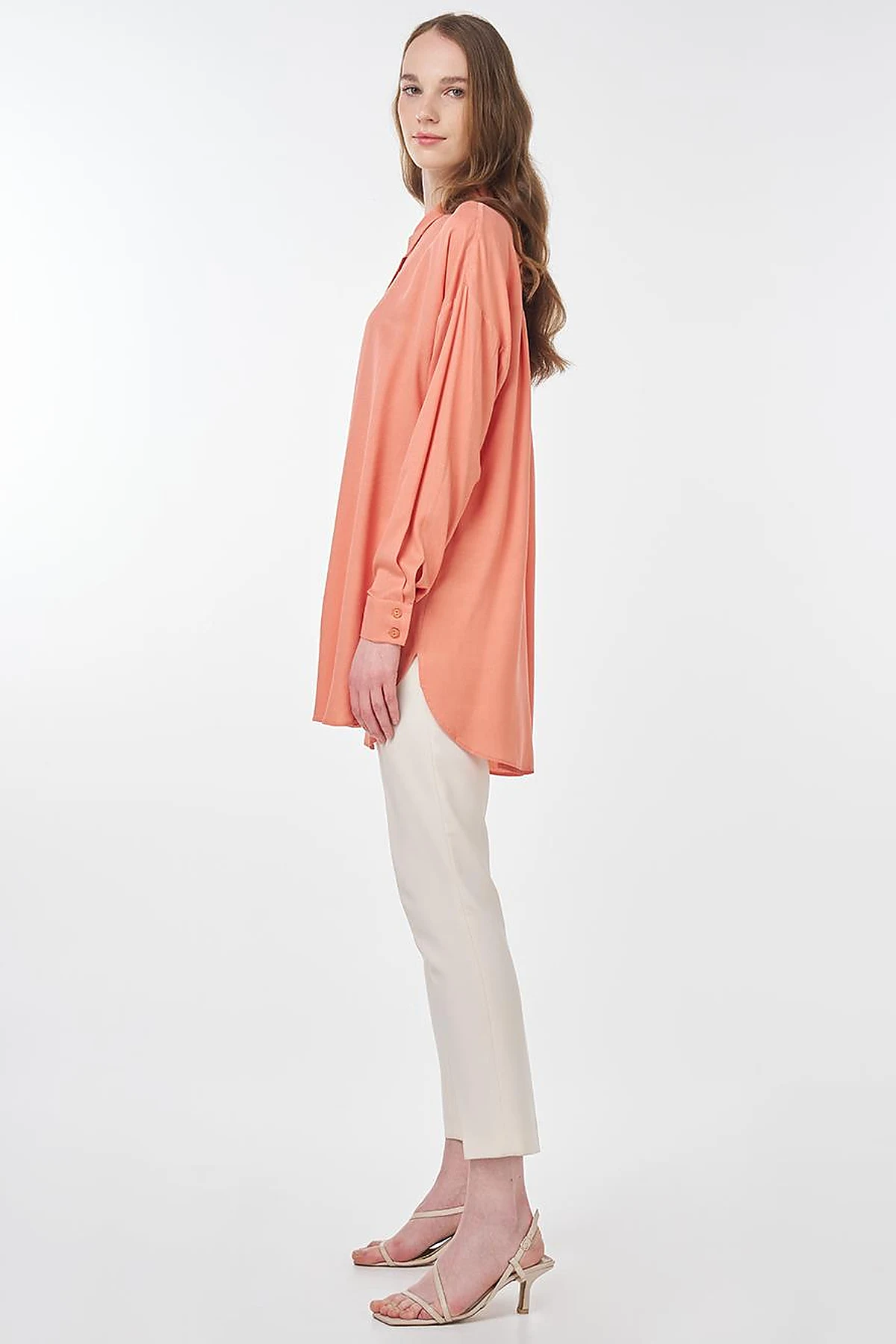 Hidden Button Shirt Collar Tunic Salmon