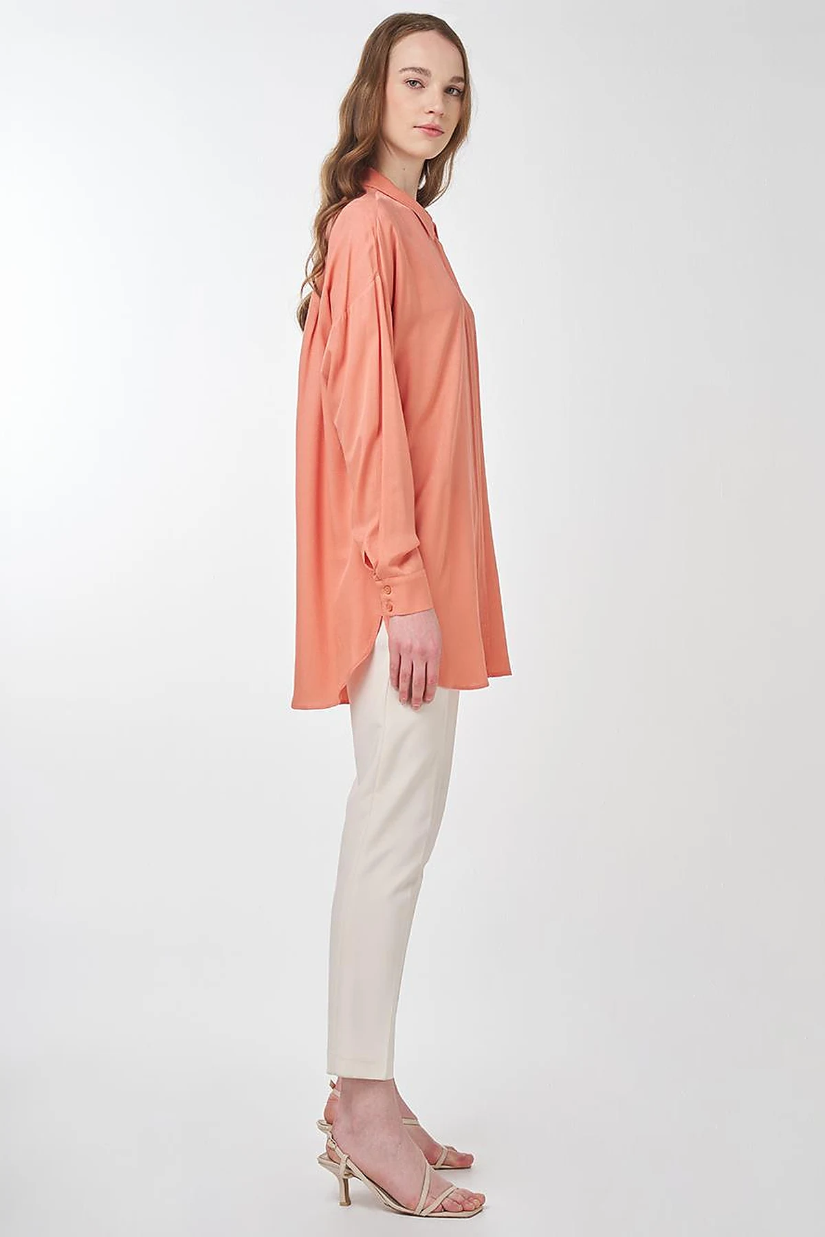 Hidden Button Shirt Collar Tunic Salmon