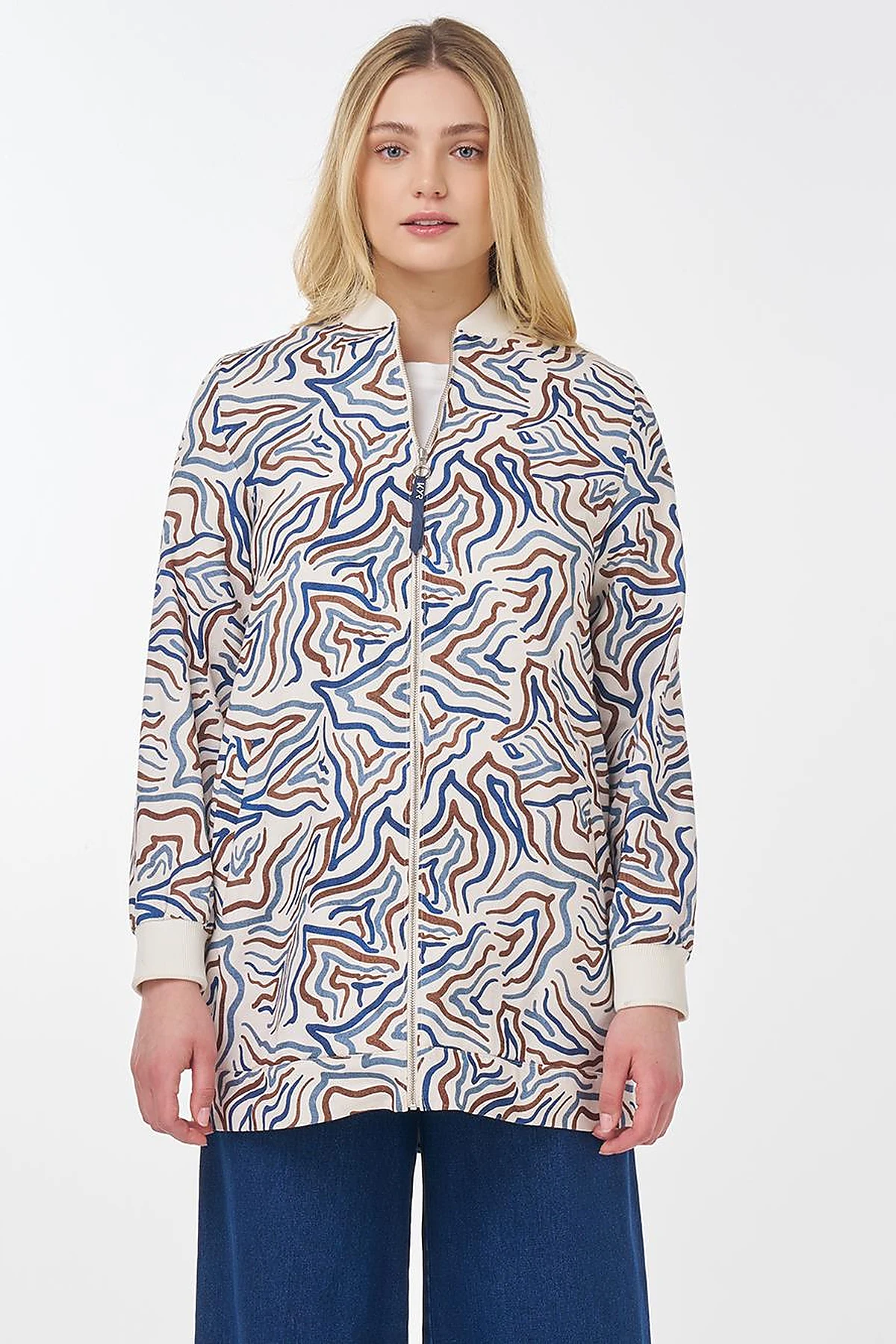 Abstract Pattern Varsity Collar Jacket Ecru 