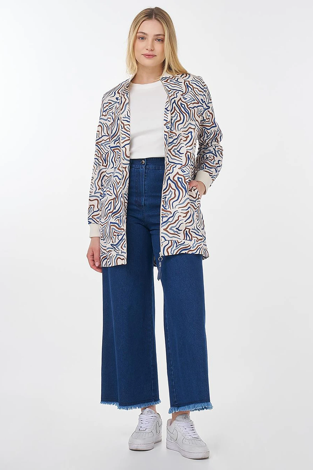 Abstract Pattern Varsity Collar Jacket Ecru 