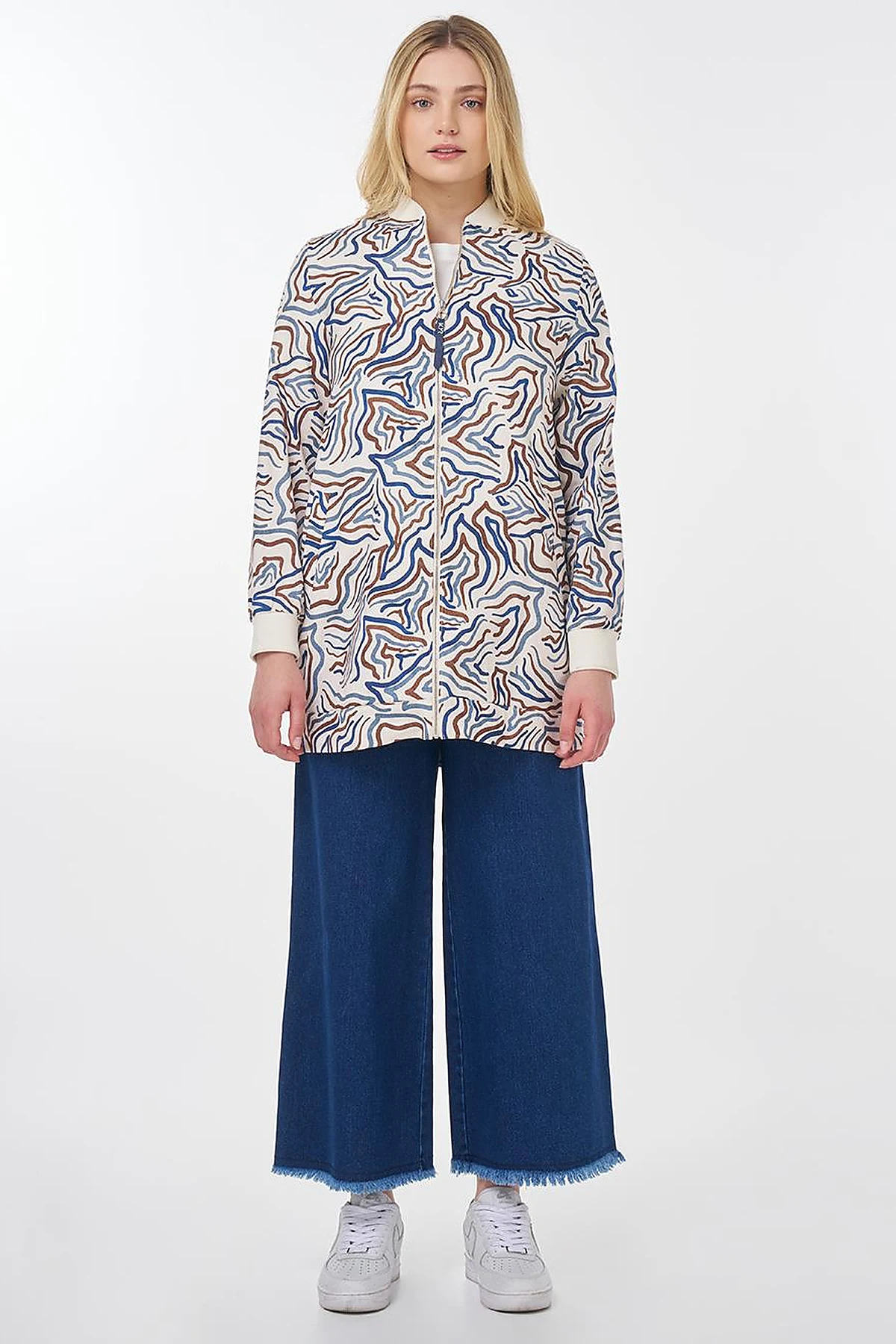 Abstract Pattern Varsity Collar Jacket Ecru 