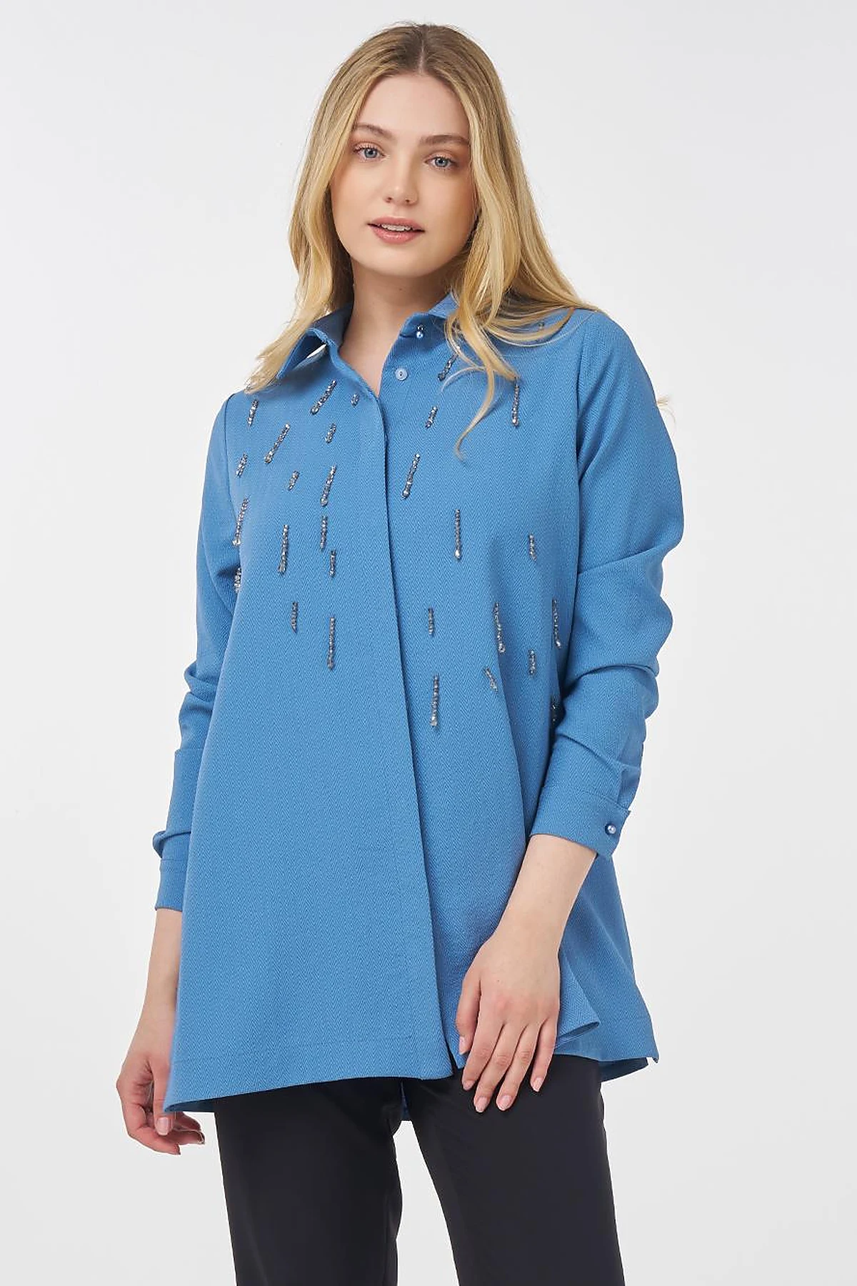 Stone-Embroidered Chic Tunic Crown Blue