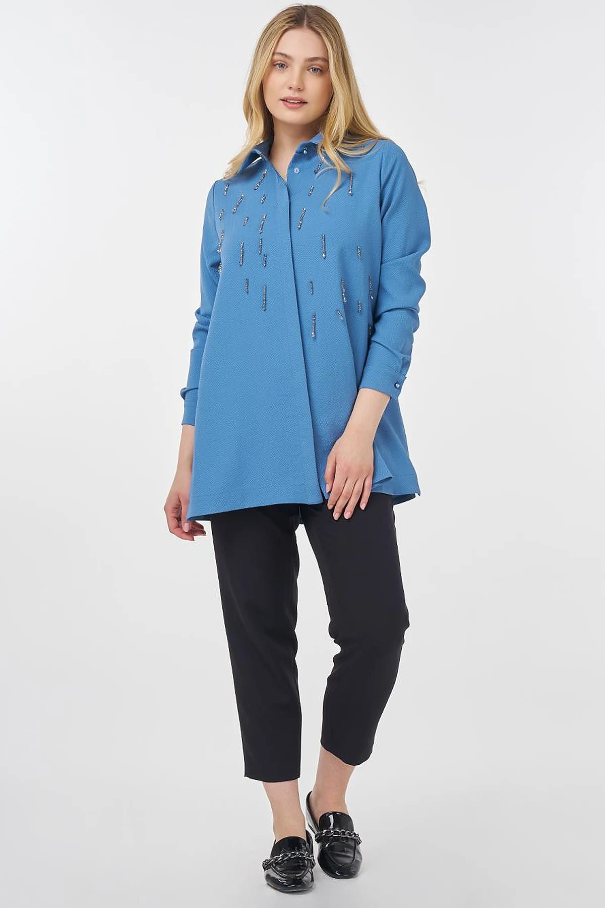 Stone-Embroidered Chic Tunic Crown Blue