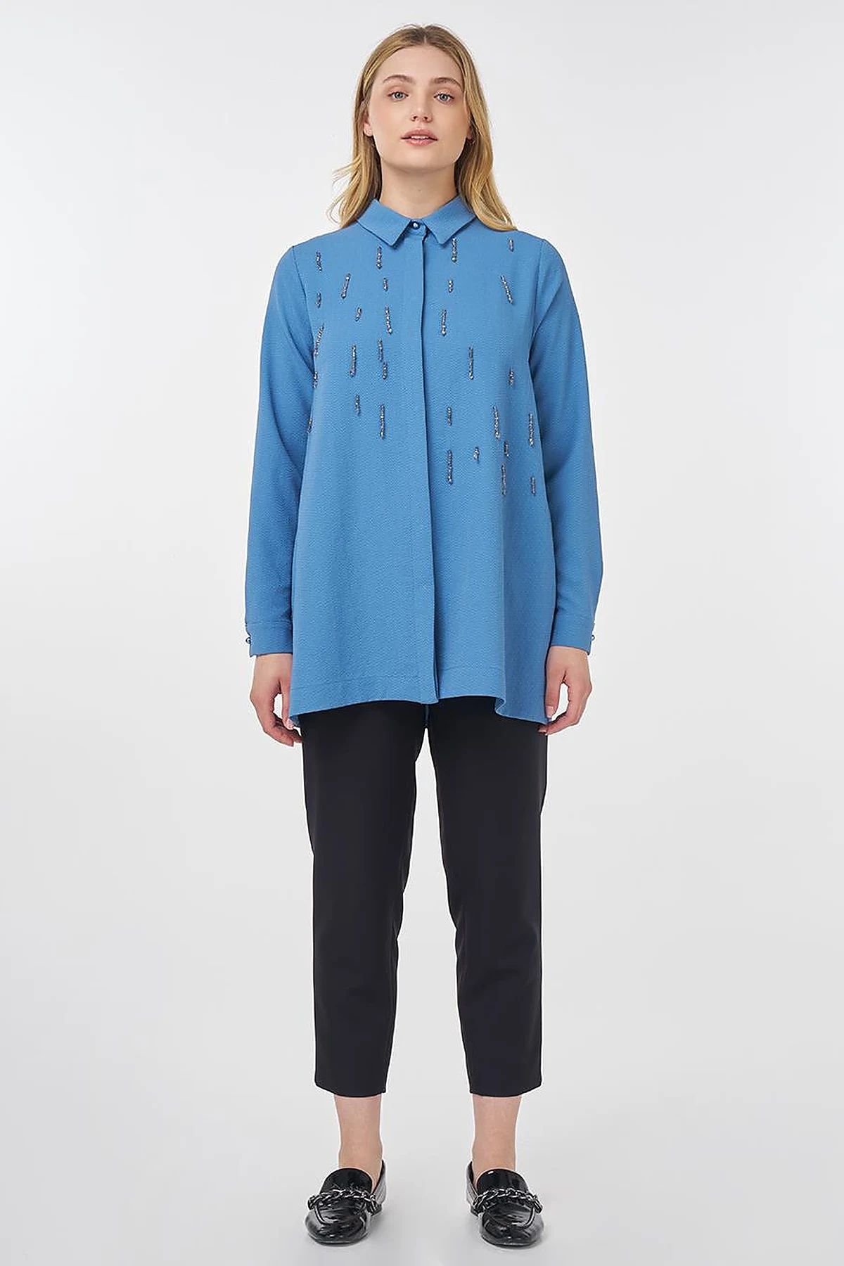 Stone-Embroidered Chic Tunic Crown Blue