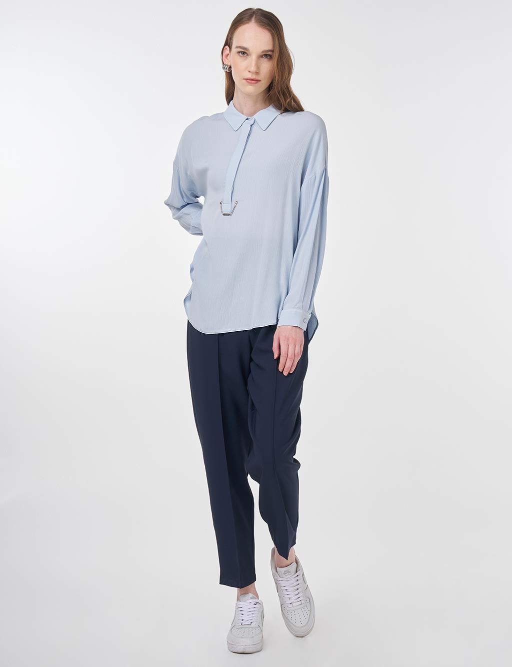 Half Placket Viscose Blouse Blue 