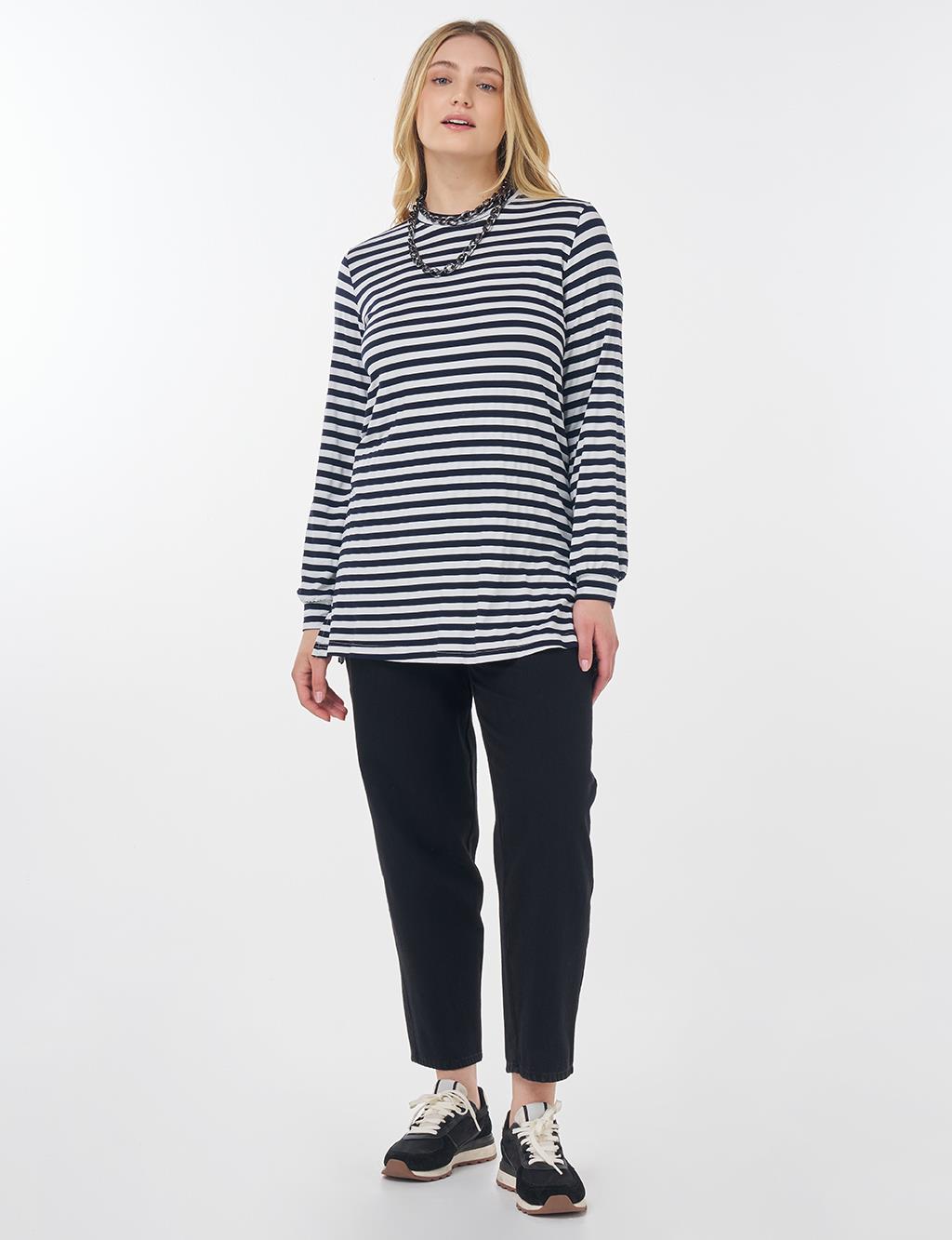 Çizgi Desen Örme Sweatshirt Lacivert 
