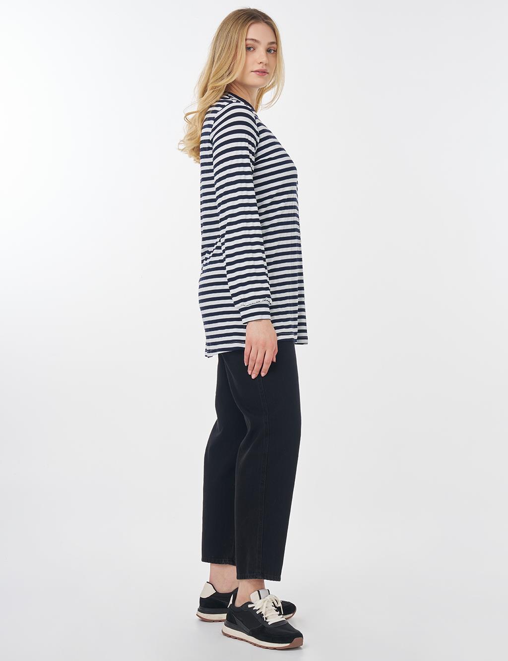 Çizgi Desen Örme Sweatshirt Lacivert 
