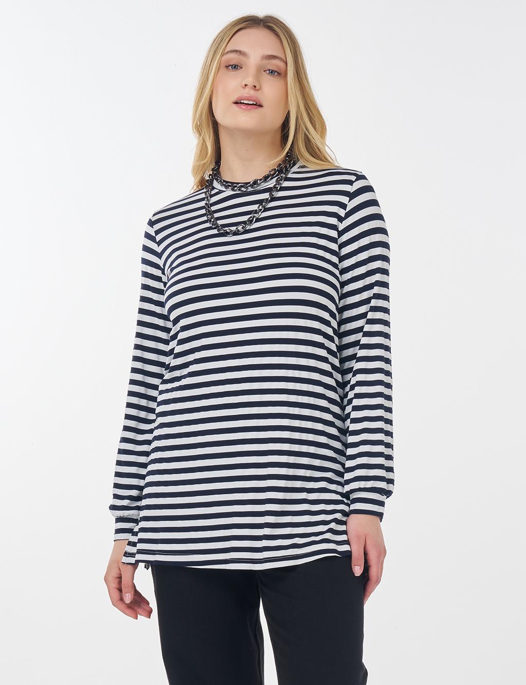 Çizgi Desen Örme Sweatshirt Lacivert 