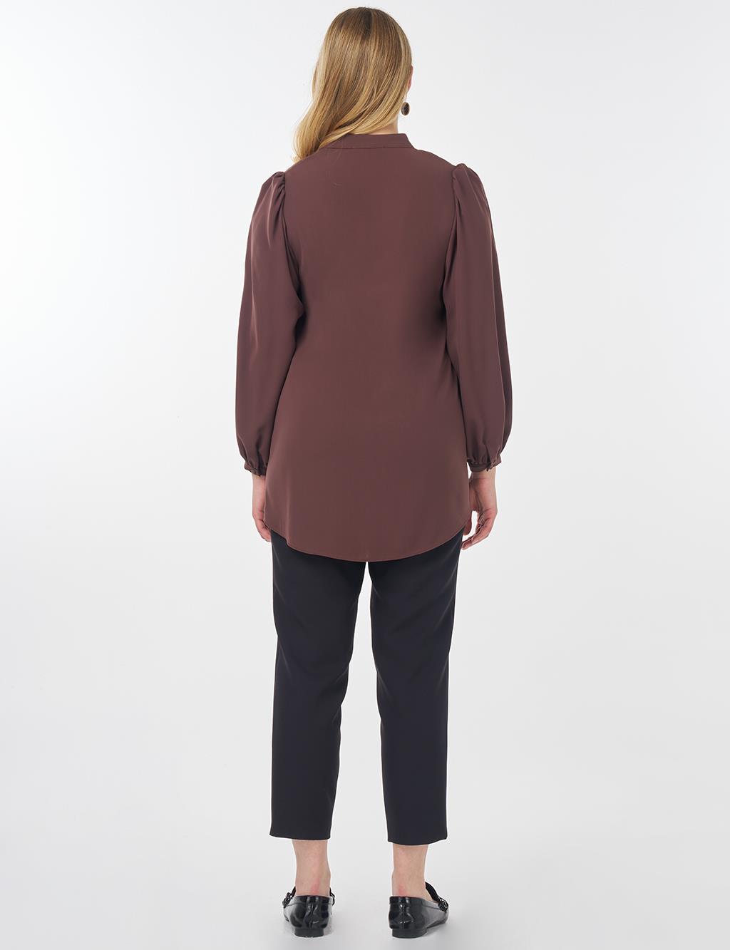 Mandarin Collar Asymmetrical Cut Blouse Brown