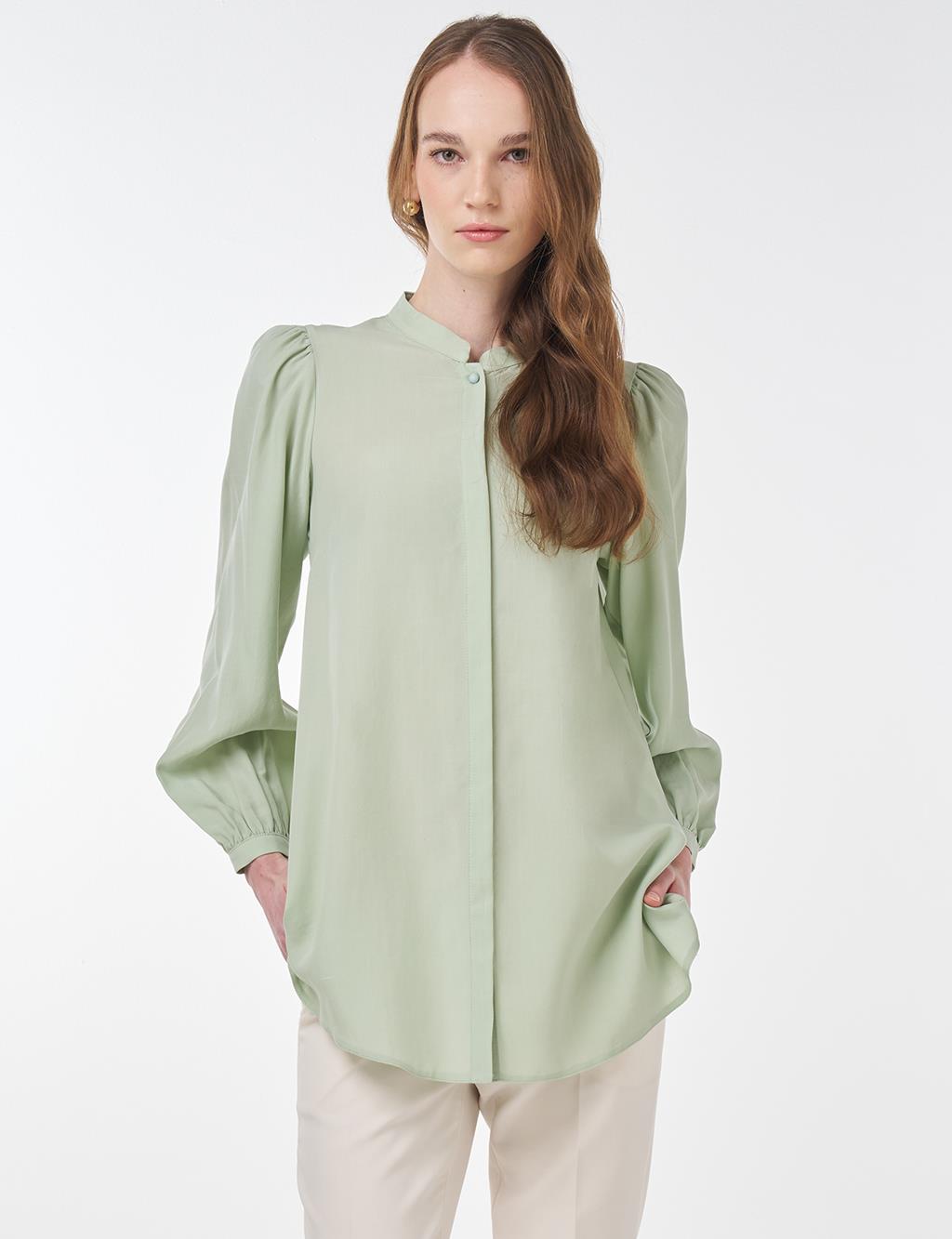 Mandarin Collar Asymmetrical Cut Lyocell Blouse Mint Green
