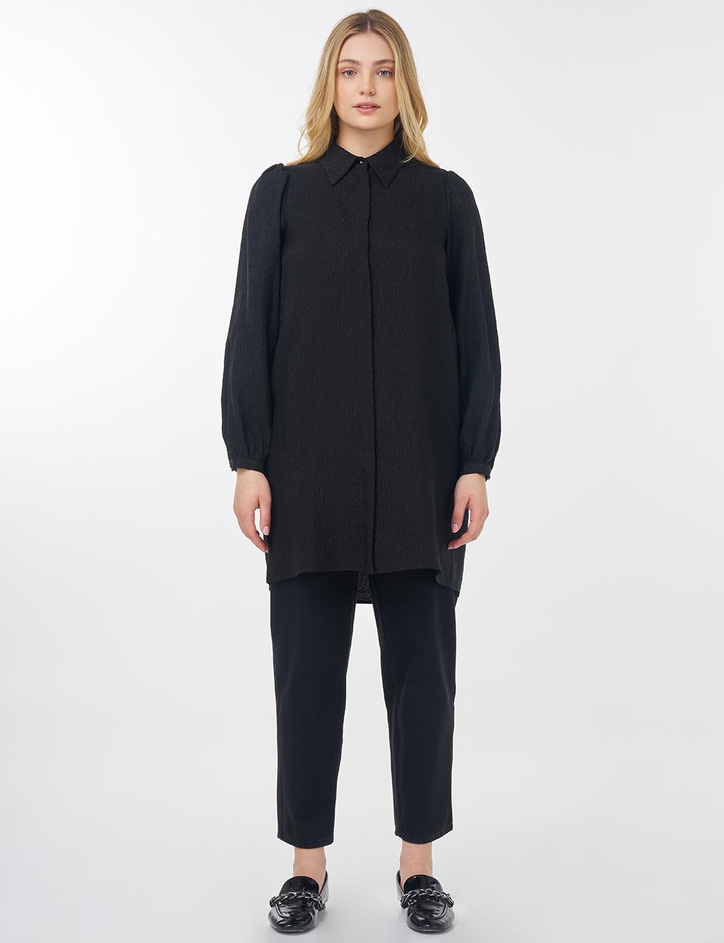 Gömlek Yaka Crinkle Tunik Siyah