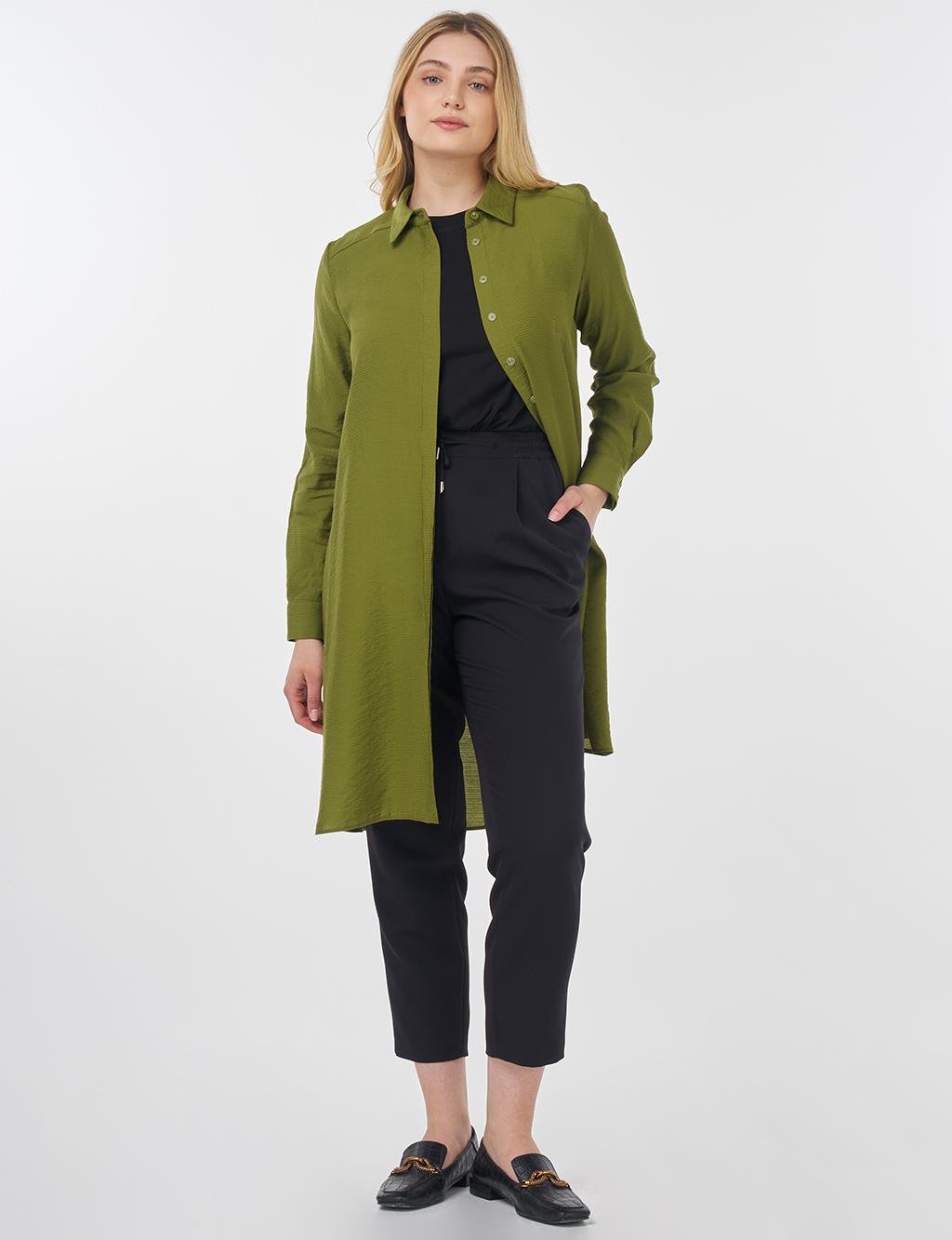 Hidden Button Long Basic Tunic Olive Green