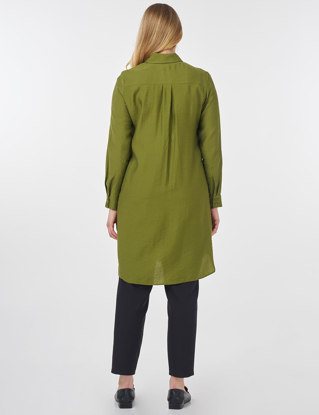 Hidden Button Long Basic Tunic Olive Green