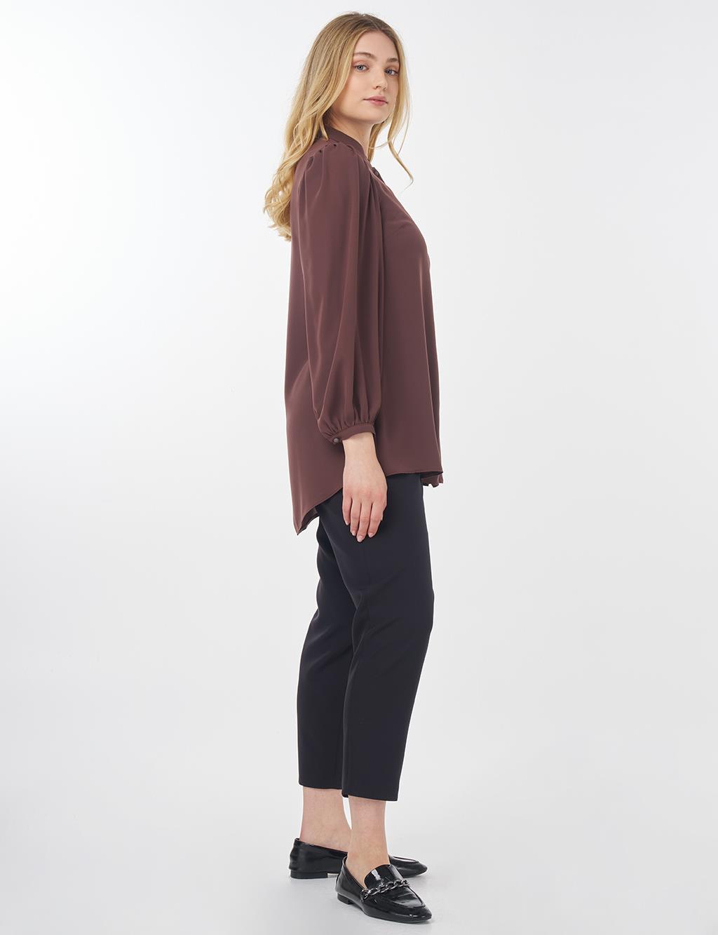 Mandarin Collar Asymmetrical Cut Blouse Brown