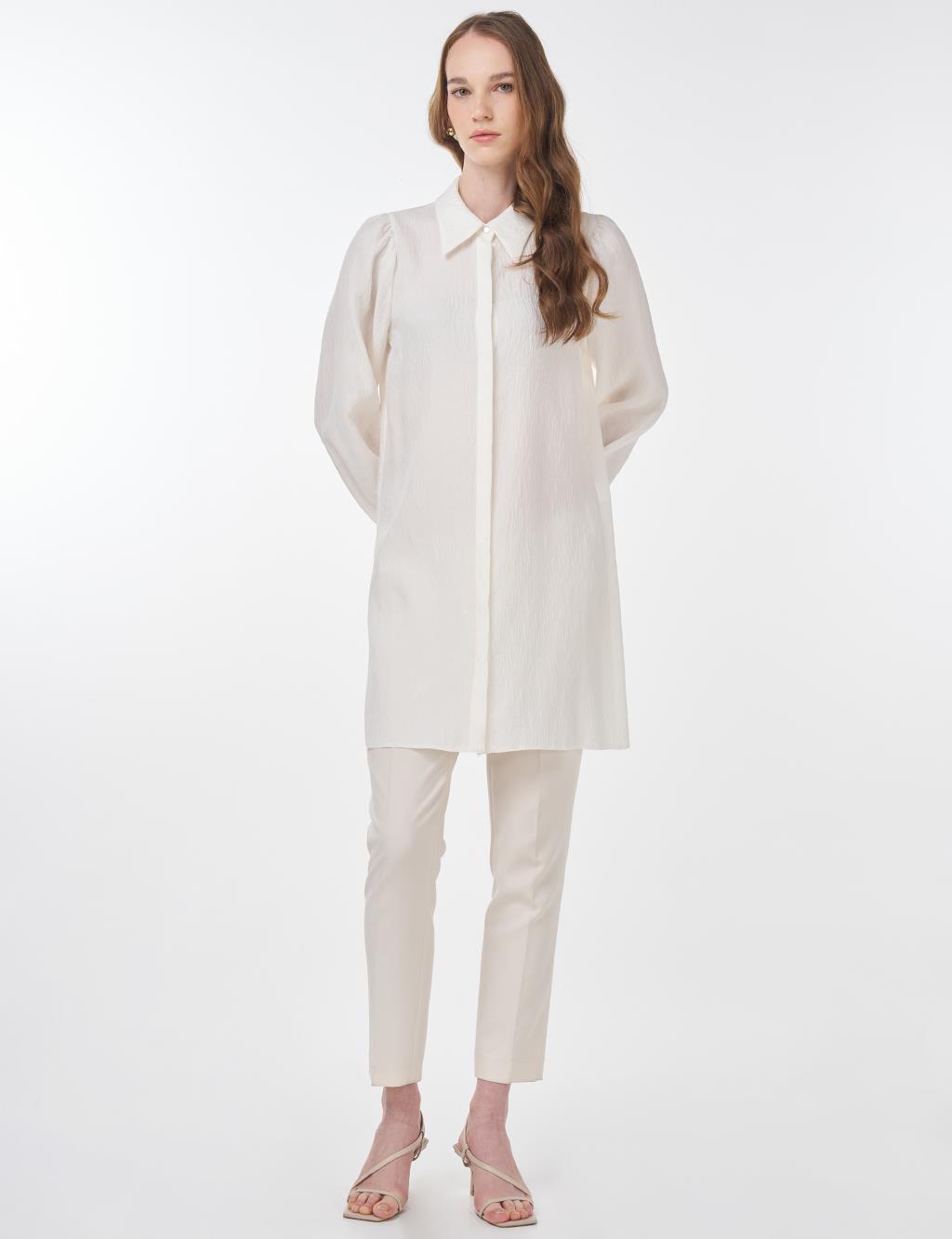 Shirt Collar Crinkle Tunic Cream 
