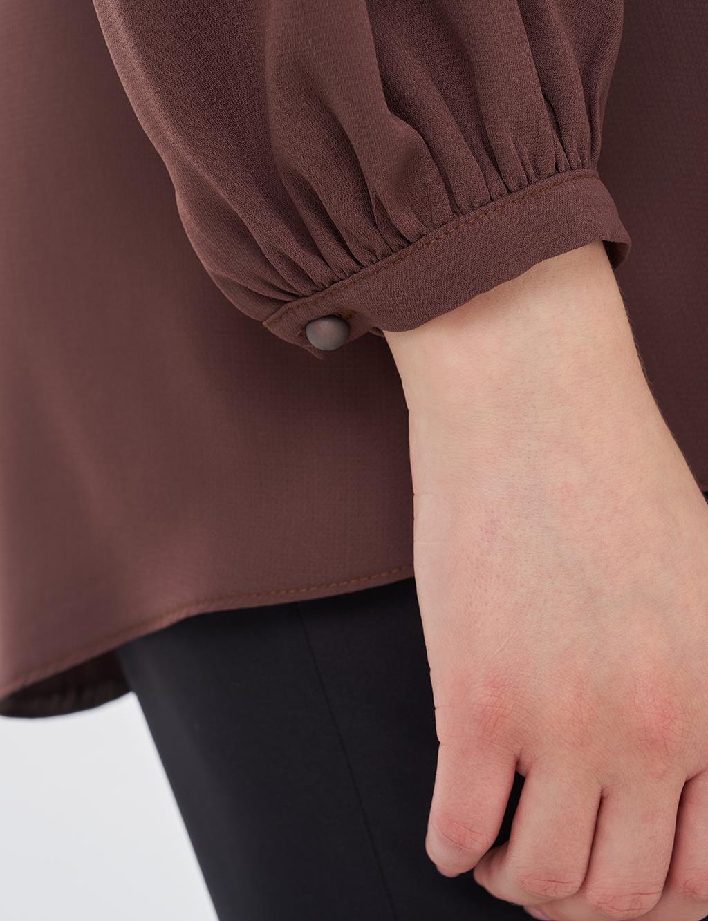 Mandarin Collar Asymmetrical Cut Blouse Brown