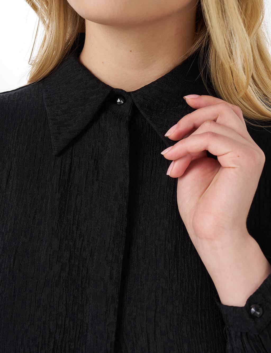Gömlek Yaka Crinkle Tunik Siyah