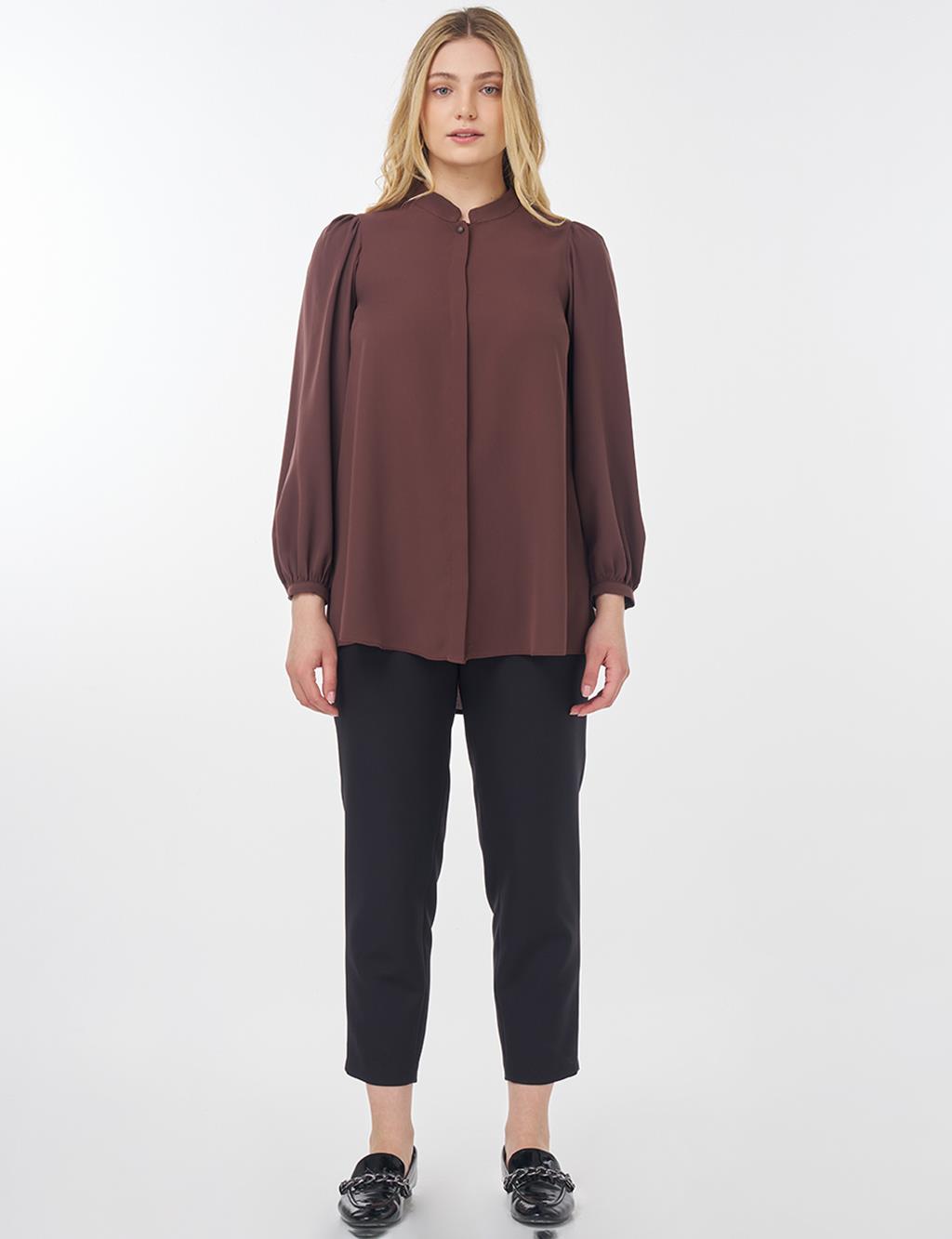 Mandarin Collar Asymmetrical Cut Blouse Brown