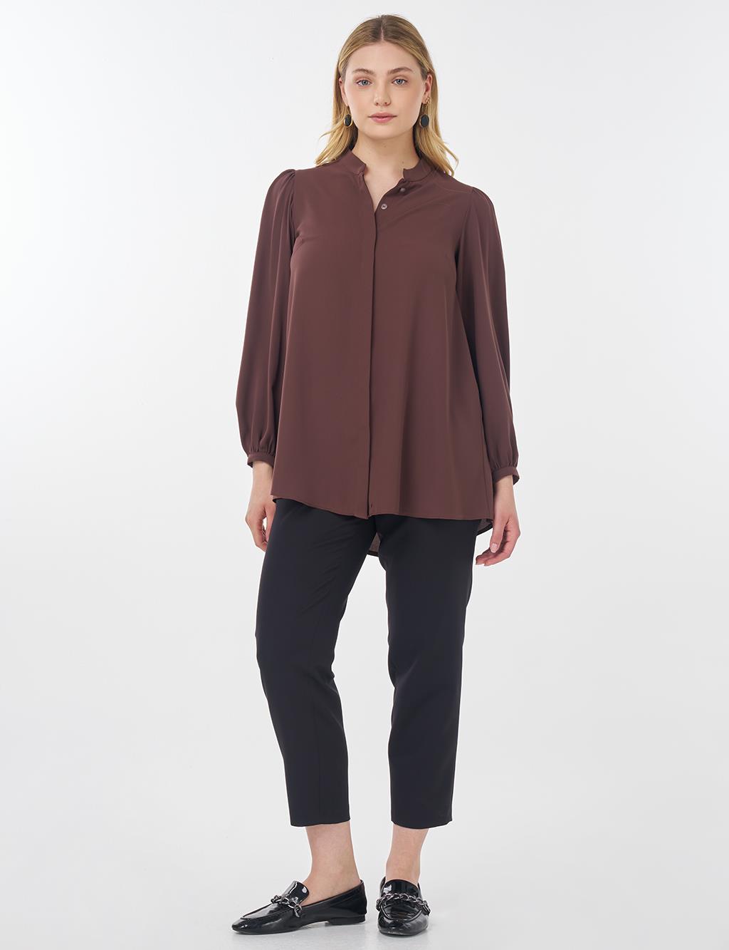 Mandarin Collar Asymmetrical Cut Blouse Brown