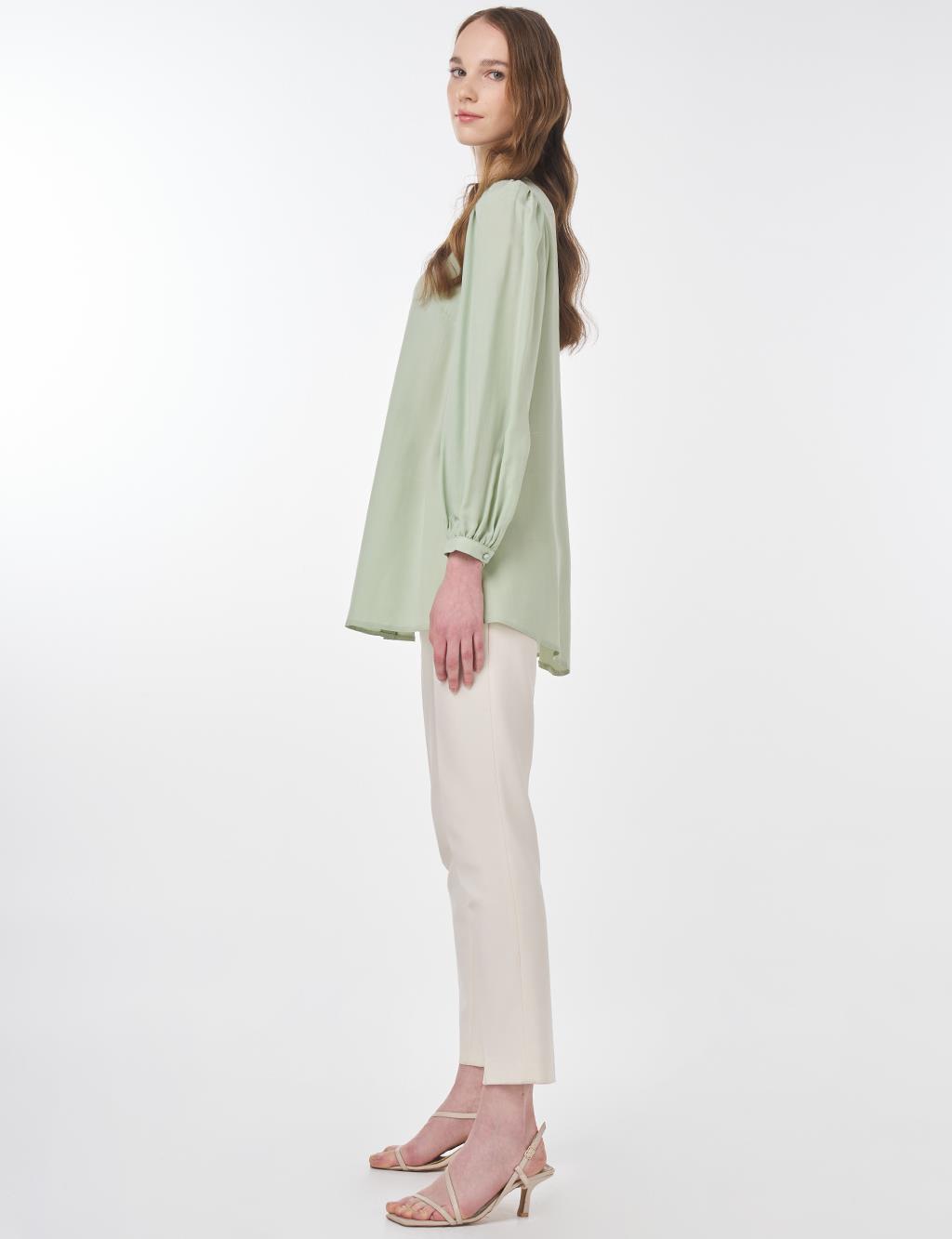 Mandarin Collar Asymmetrical Cut Lyocell Blouse Mint Green