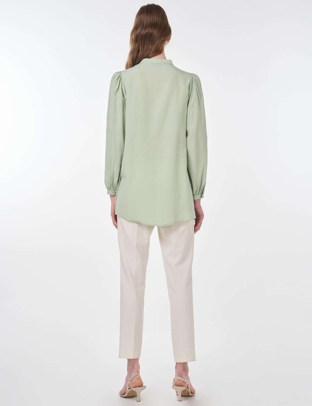 Mandarin Collar Asymmetrical Cut Lyocell Blouse Mint Green