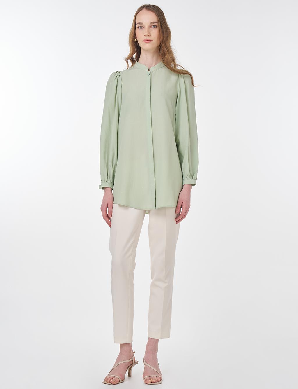 Mandarin Collar Asymmetrical Cut Lyocell Blouse Mint Green