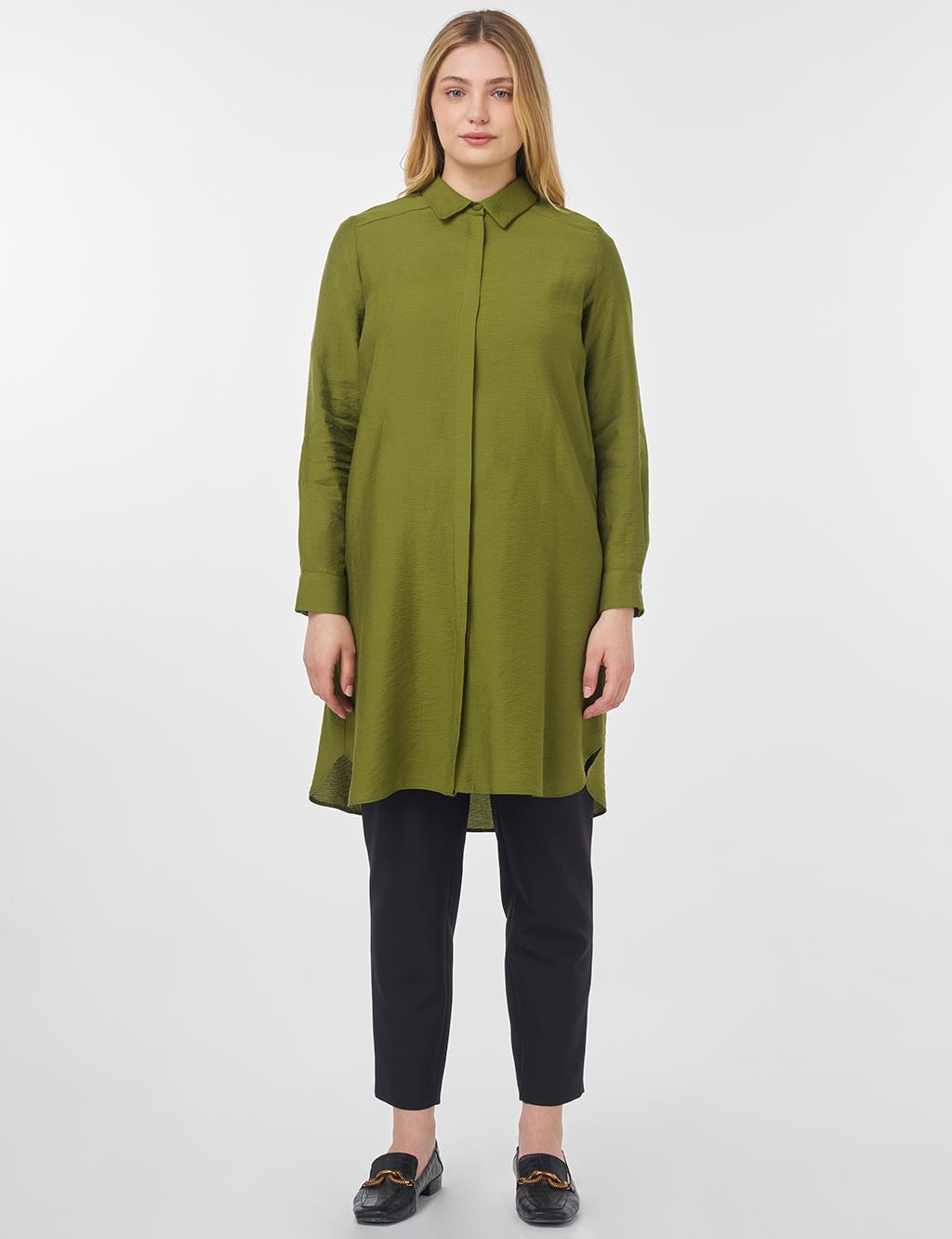 Hidden Button Long Basic Tunic Olive Green