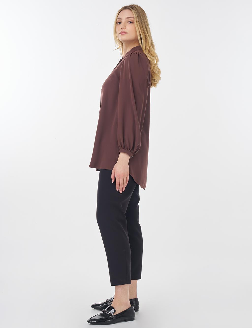 Mandarin Collar Asymmetrical Cut Blouse Brown