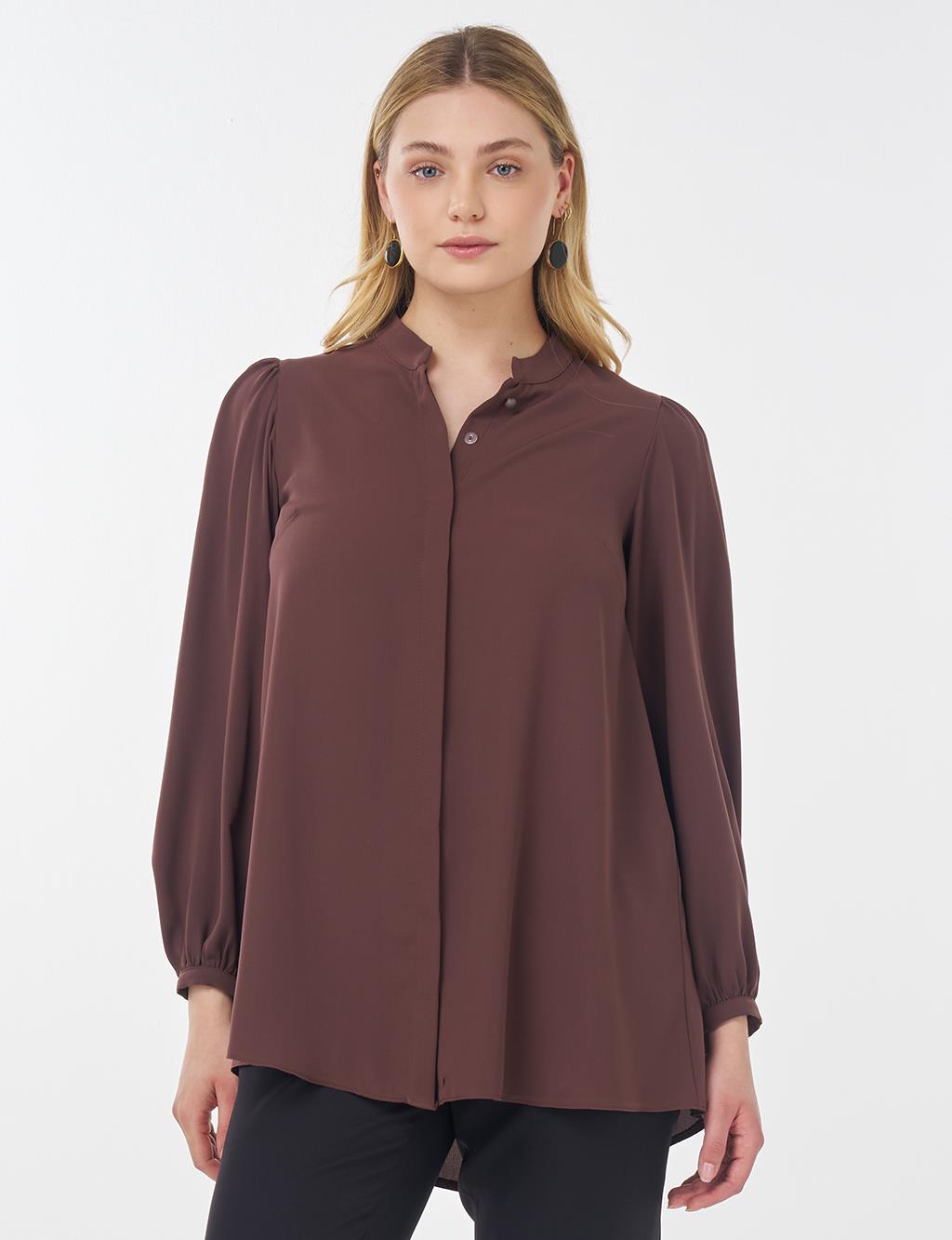 Mandarin Collar Asymmetrical Cut Blouse Brown