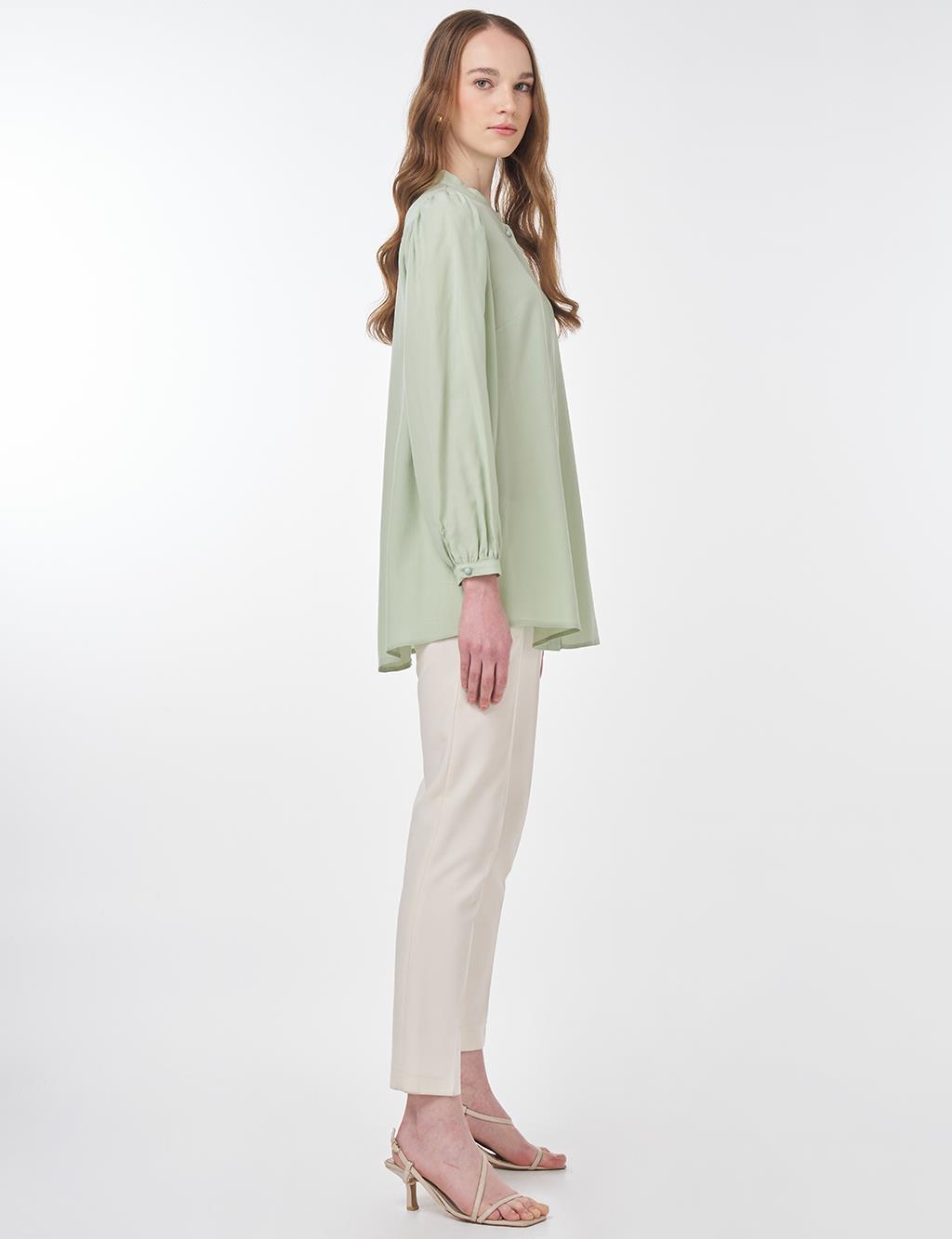 Mandarin Collar Asymmetrical Cut Lyocell Blouse Mint Green