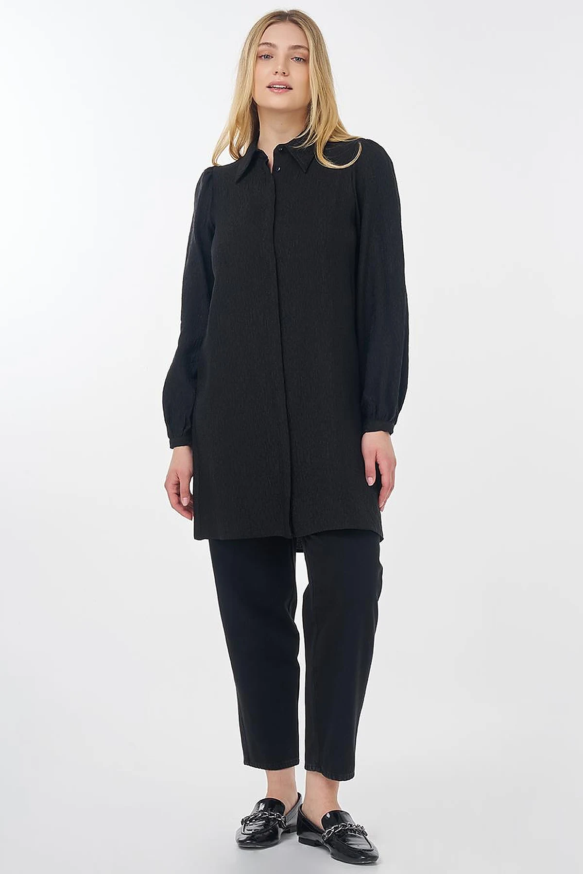 Shirt Collar Crinkle Tunic Black