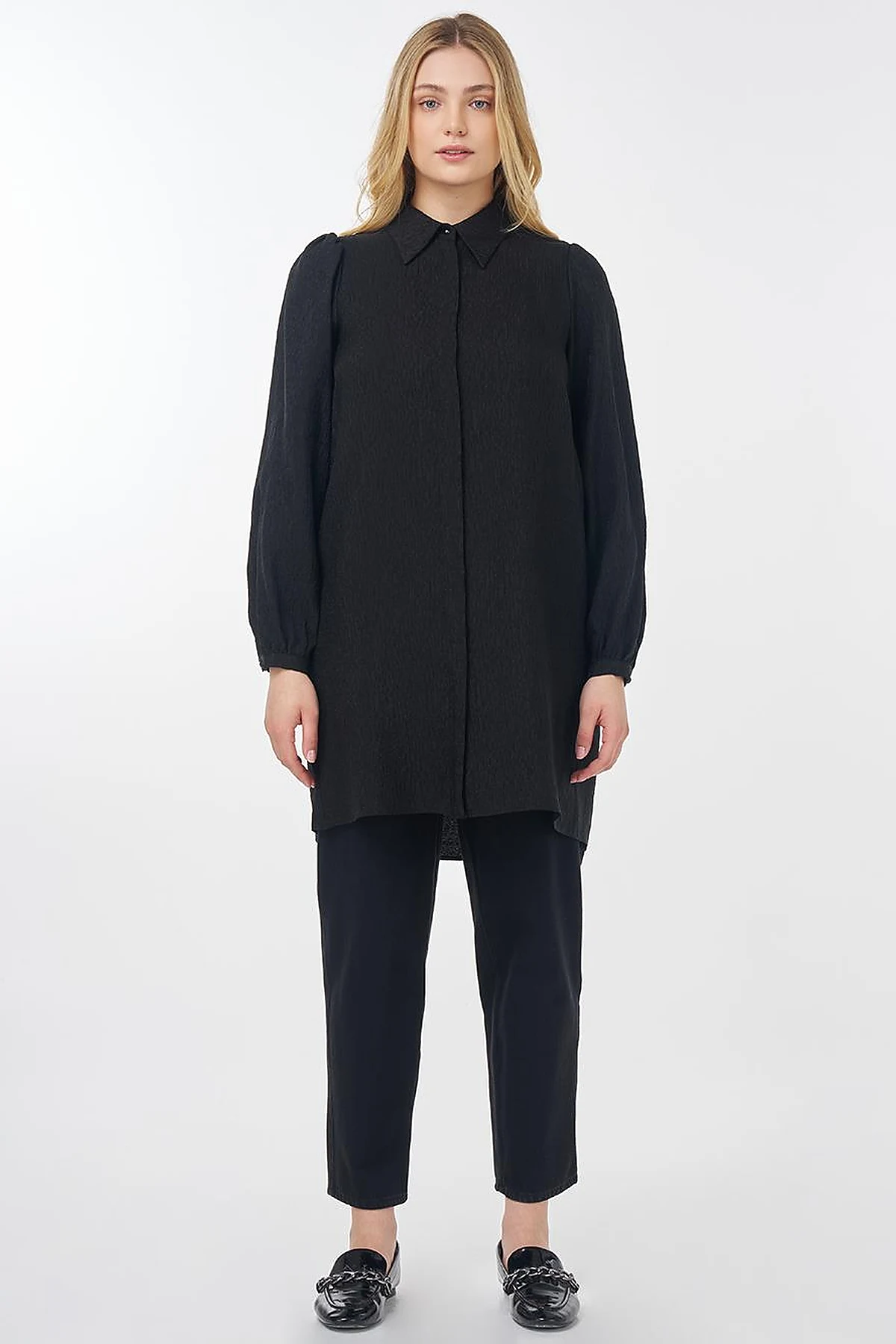 Shirt Collar Crinkle Tunic Black