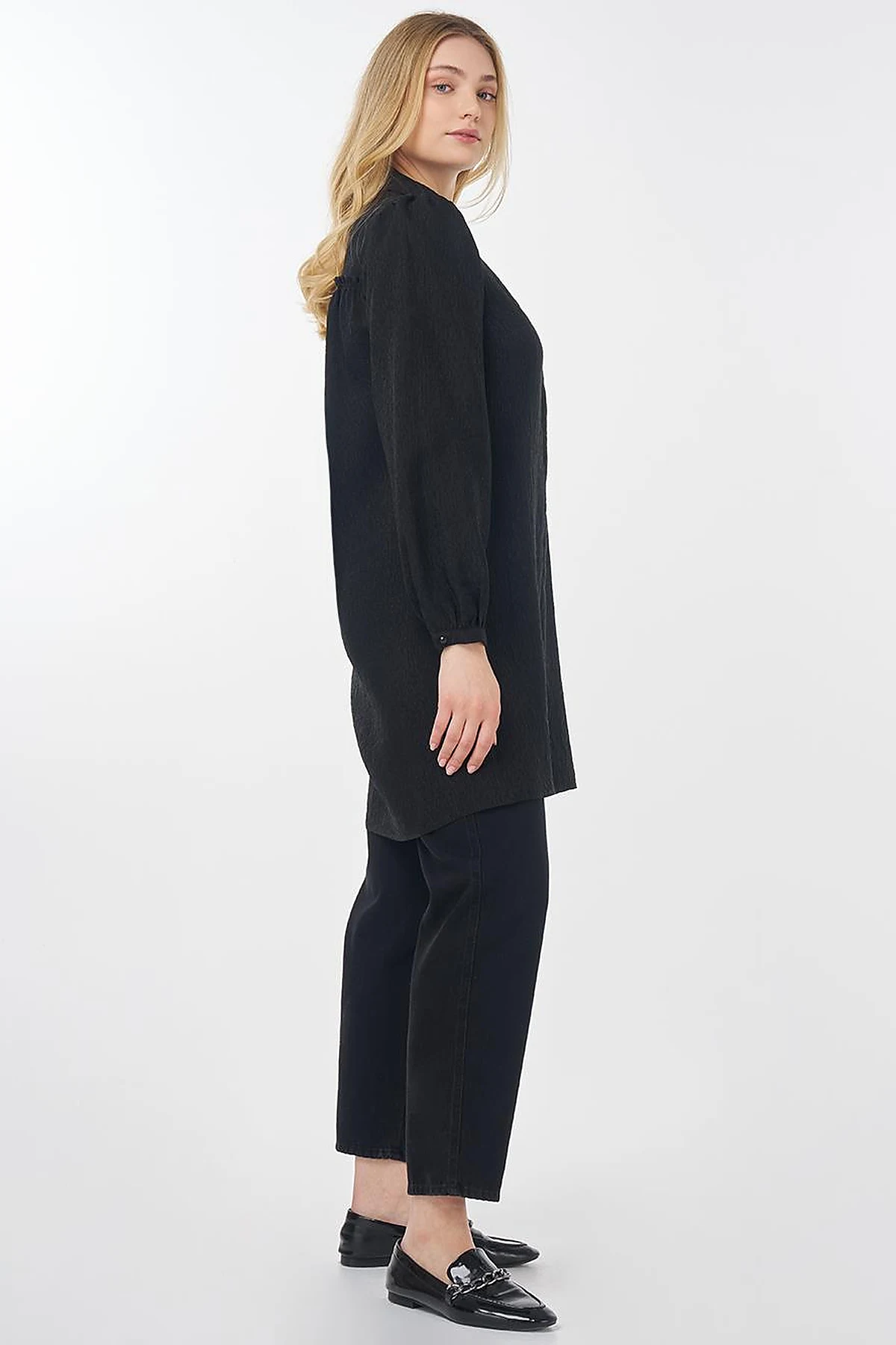 Shirt Collar Crinkle Tunic Black