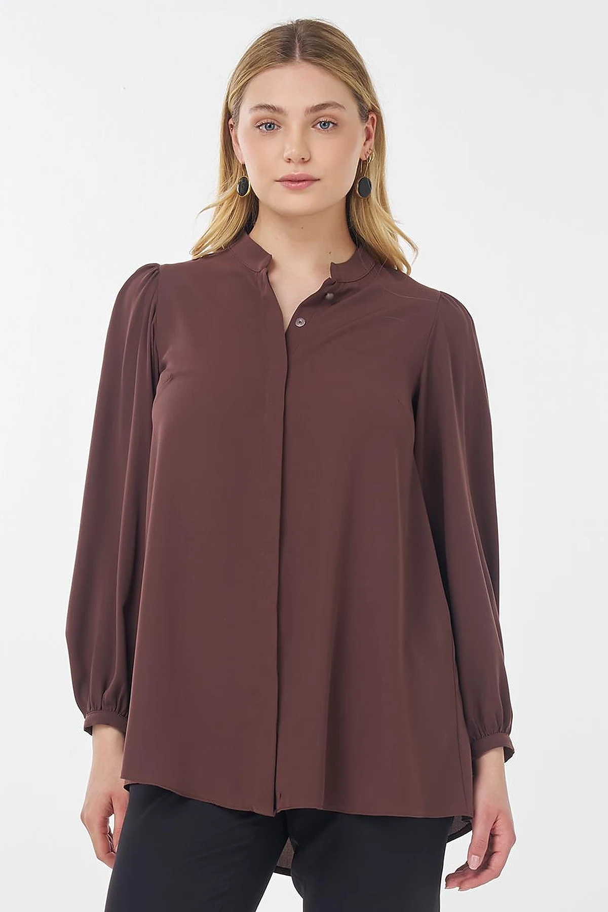 Mandarin Collar Asymmetrical Cut Blouse Brown