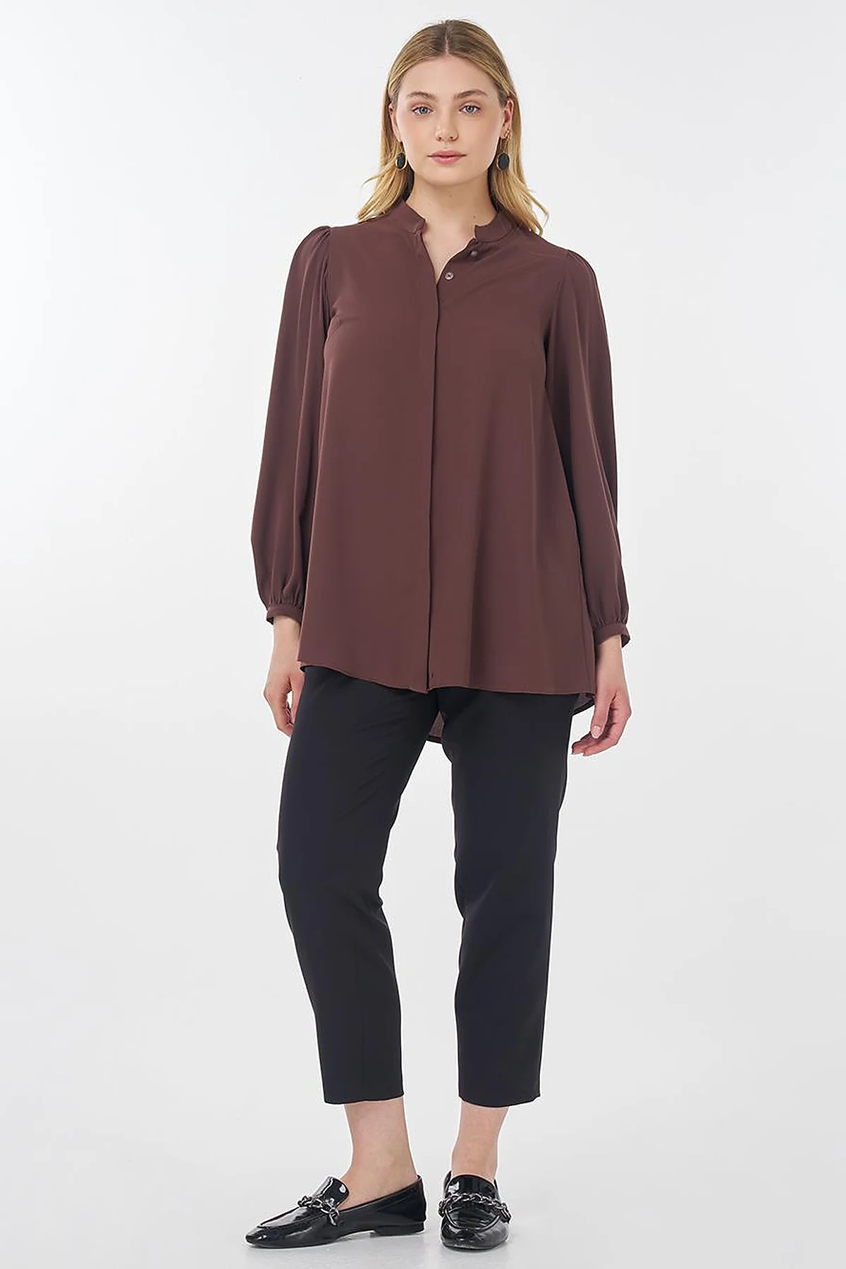 Mandarin Collar Asymmetrical Cut Blouse Brown