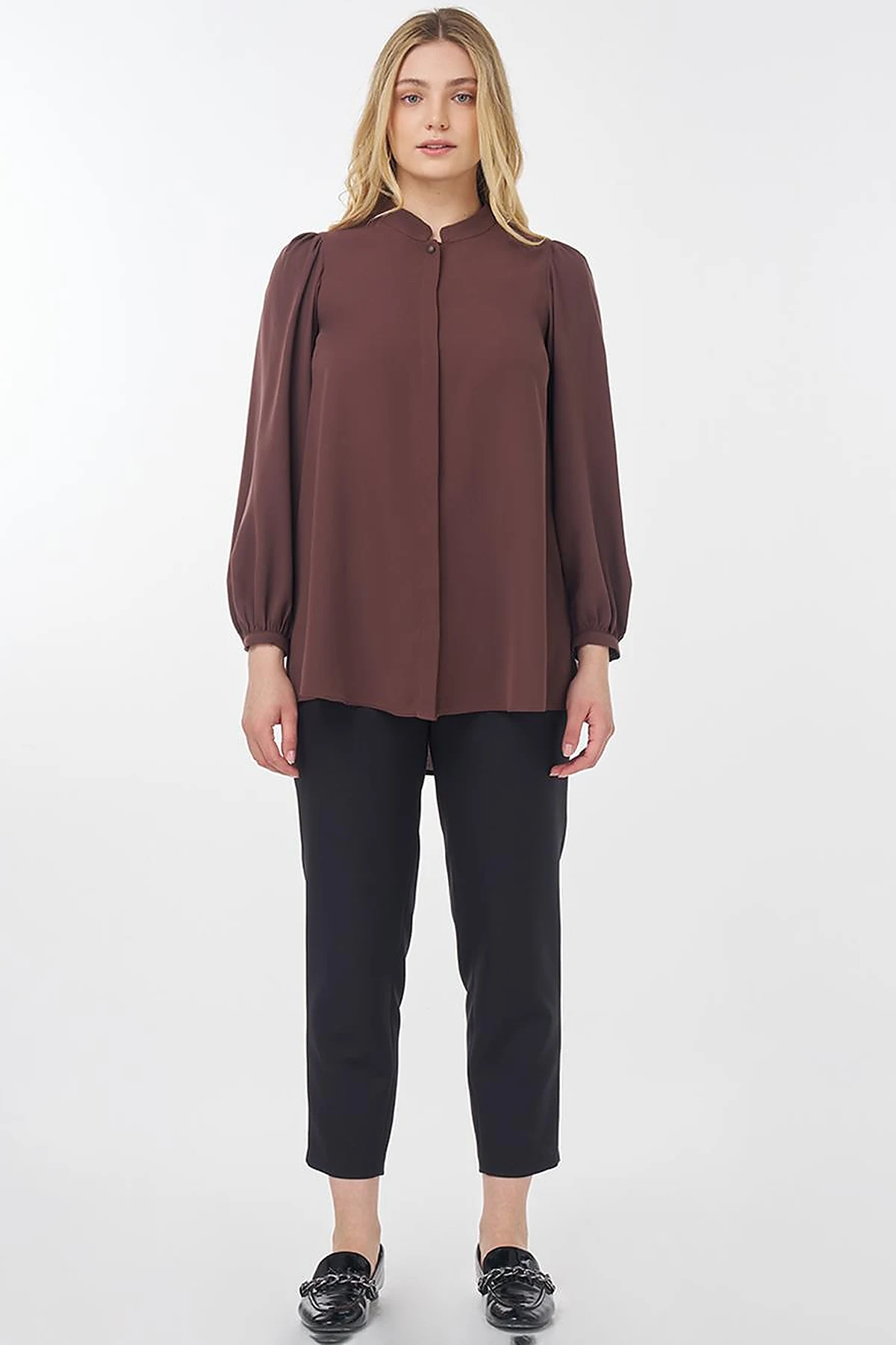 Mandarin Collar Asymmetrical Cut Blouse Brown
