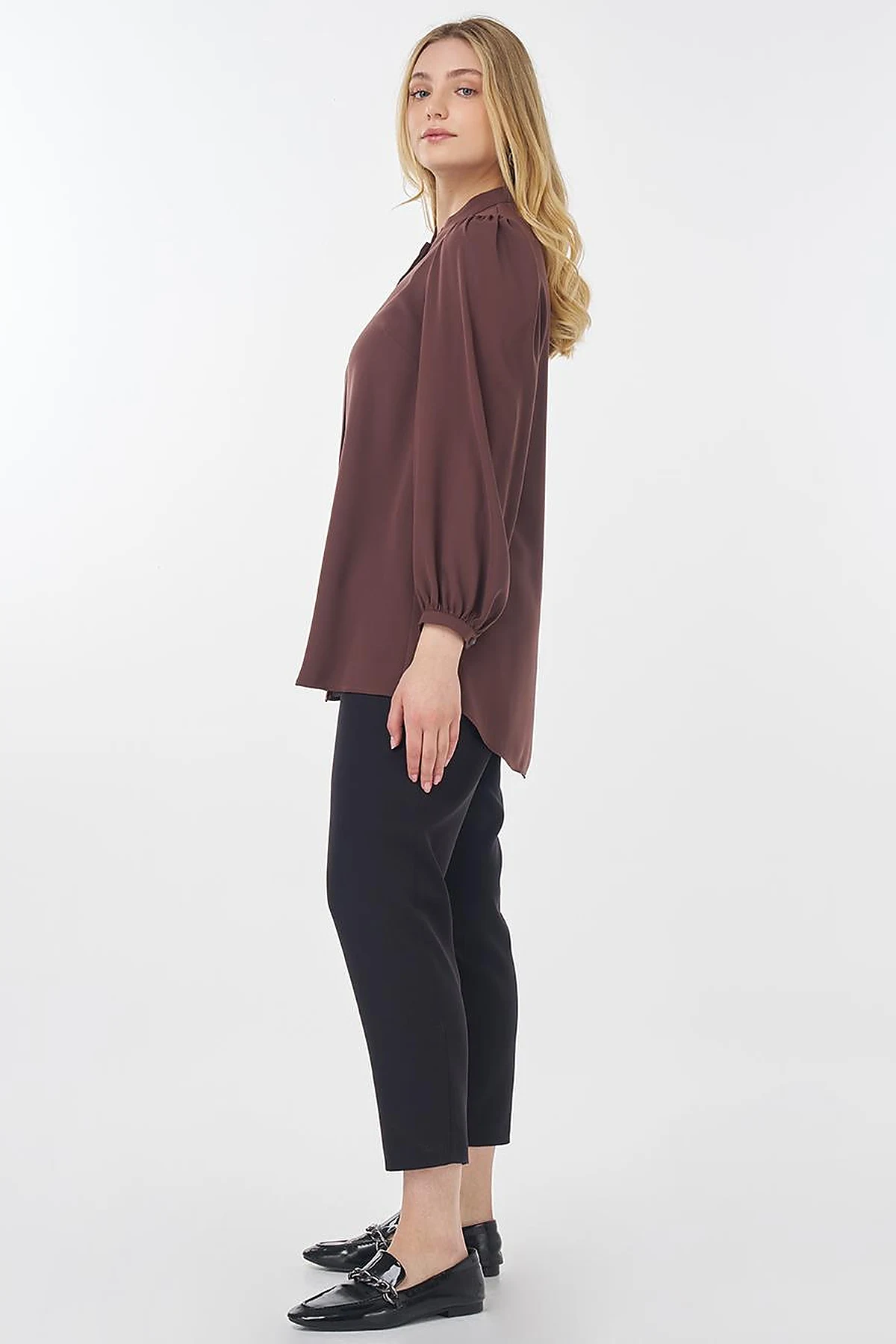 Mandarin Collar Asymmetrical Cut Blouse Brown