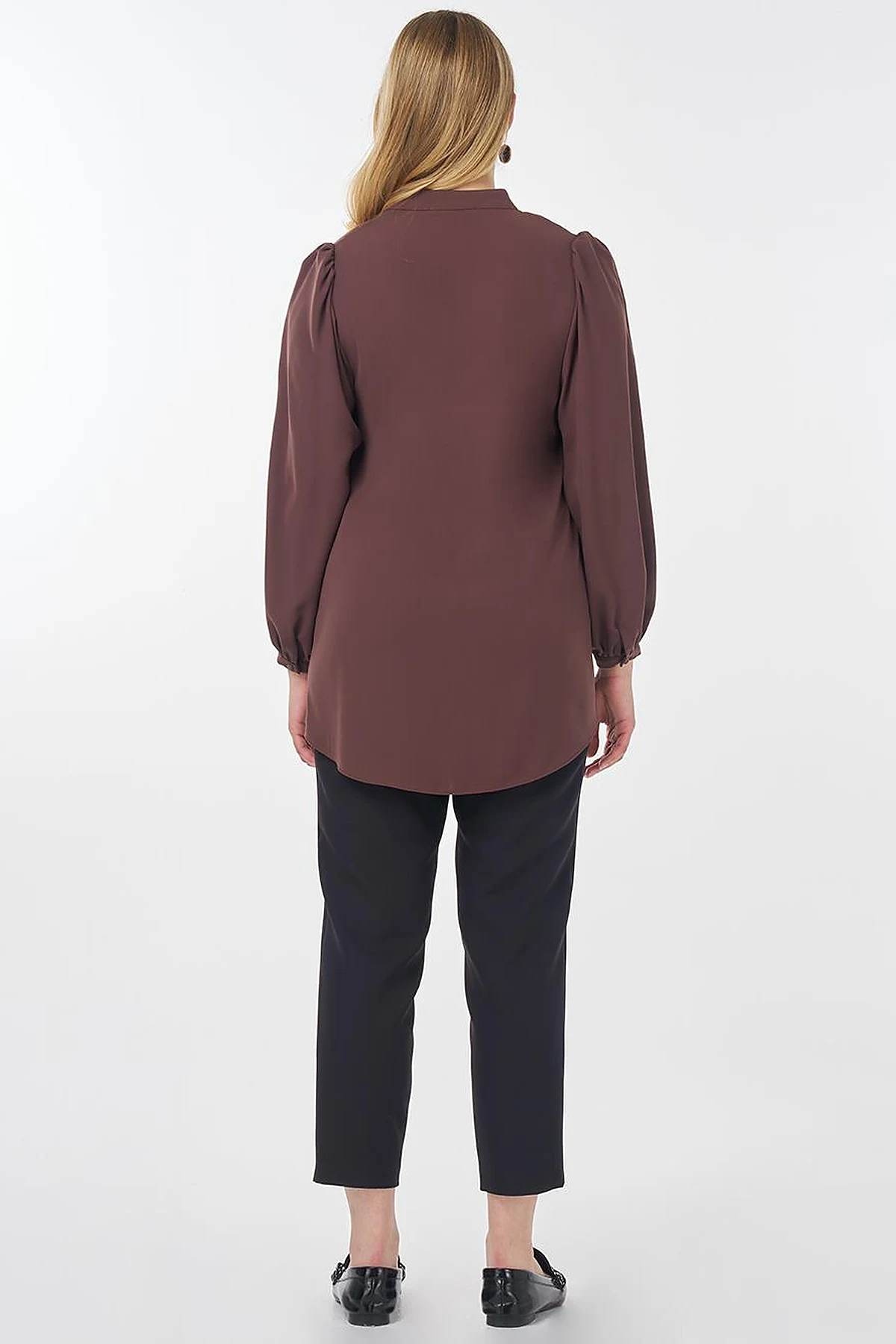 Mandarin Collar Asymmetrical Cut Blouse Brown