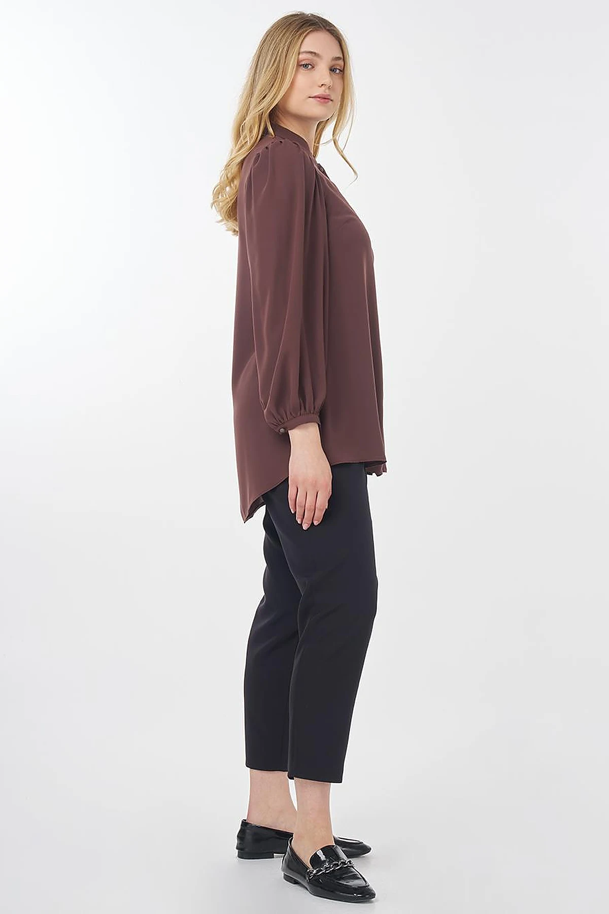 Mandarin Collar Asymmetrical Cut Blouse Brown